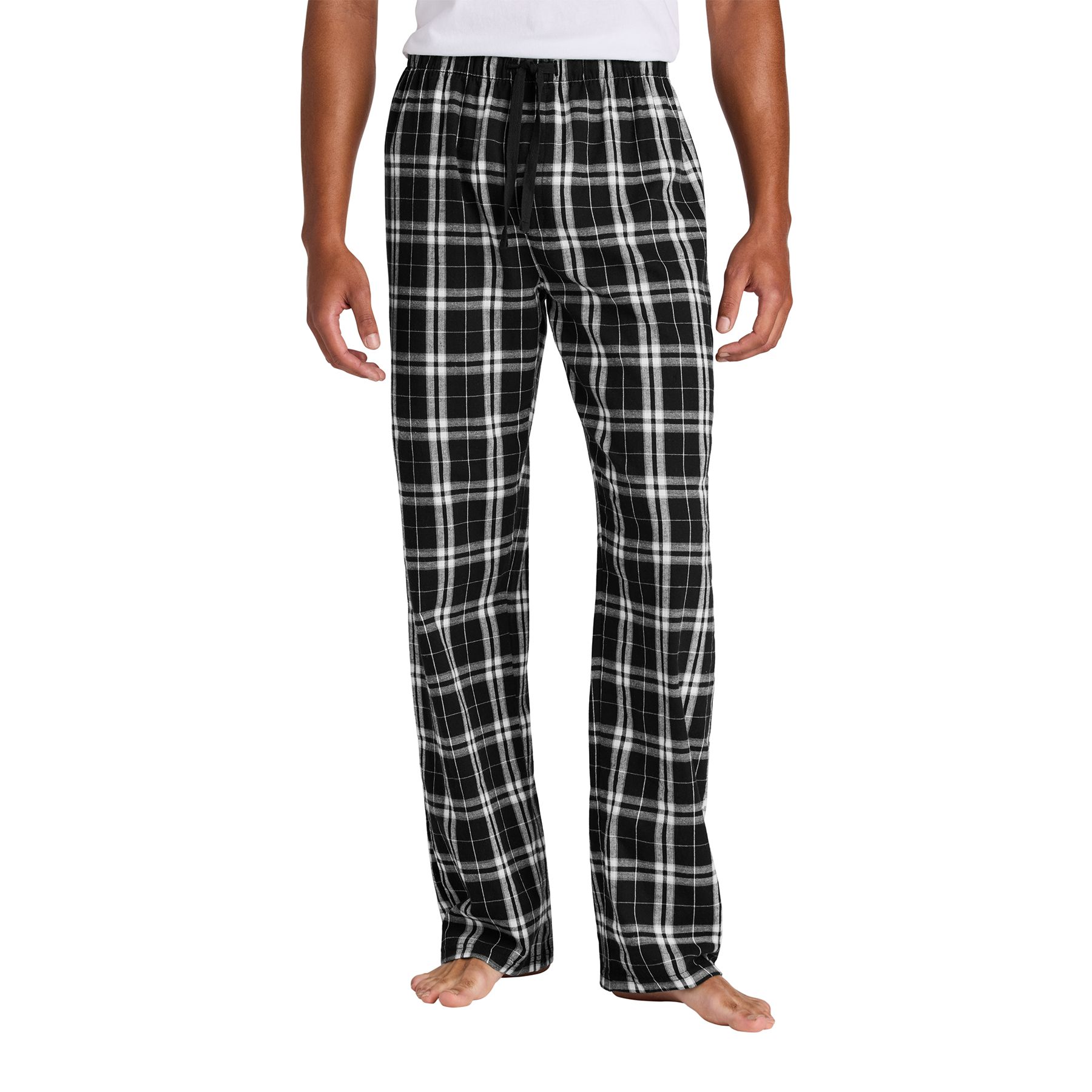 Black flannel lounge pants made from combed ring spun cotton with an elastic waistband, faux fly, and adjustable twill drawcord.