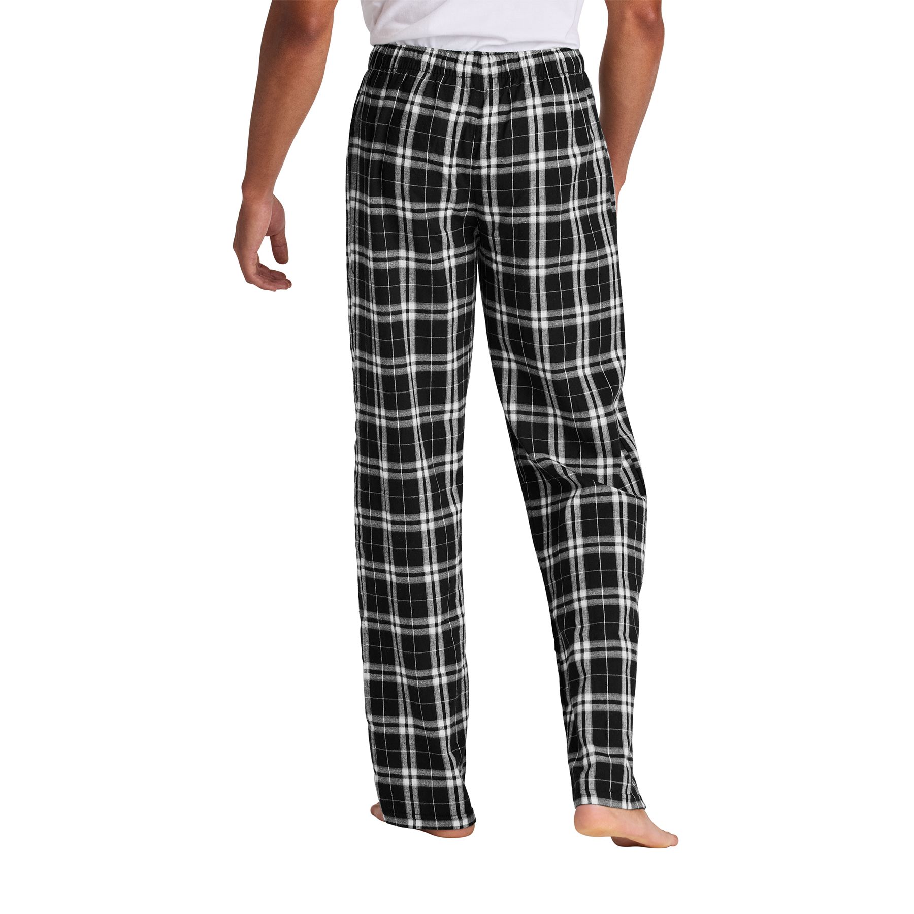 Black flannel lounge pants made from combed ring spun cotton with an elastic waistband, faux fly, and adjustable twill drawcord.