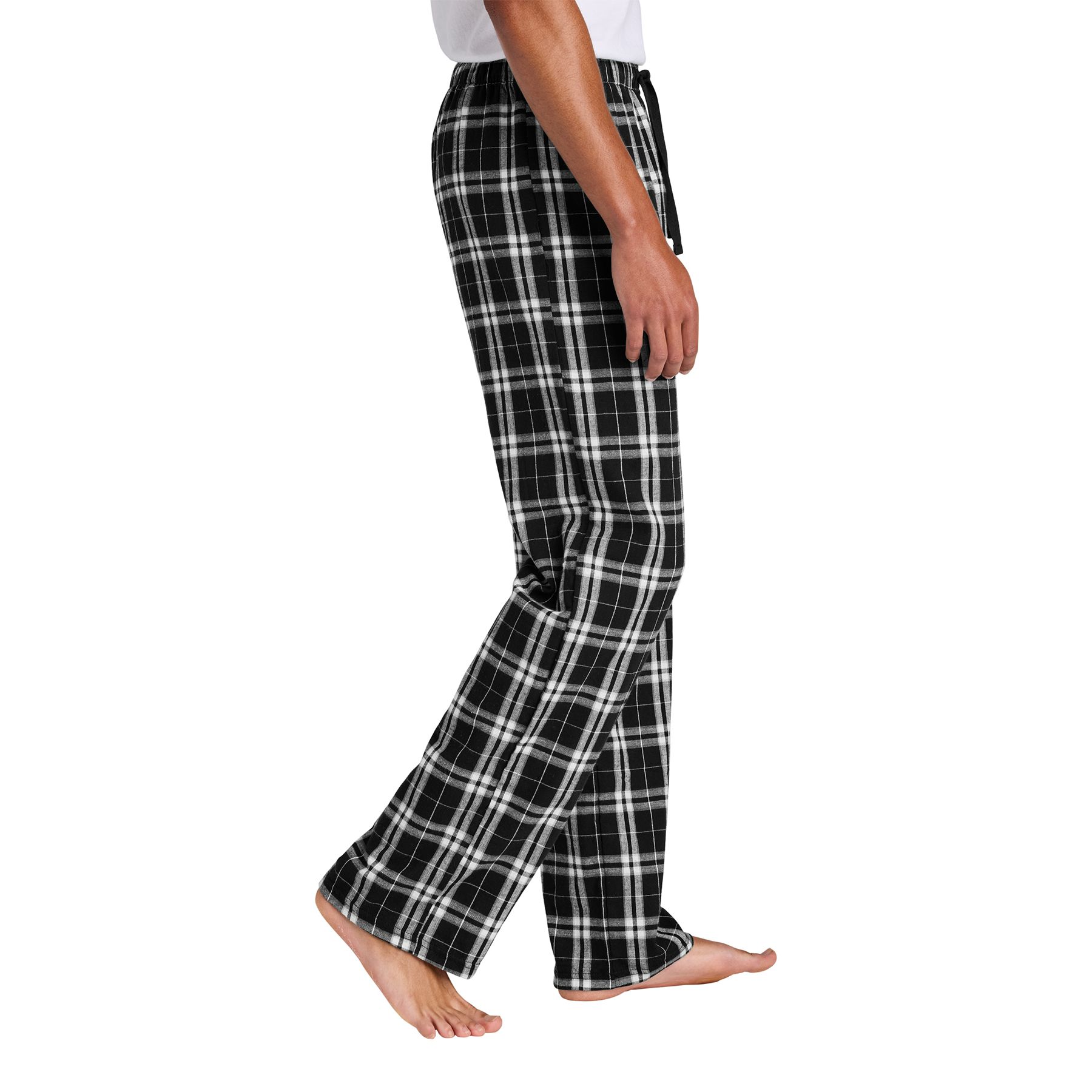 Black flannel lounge pants made from combed ring spun cotton with an elastic waistband, faux fly, and adjustable twill drawcord.
