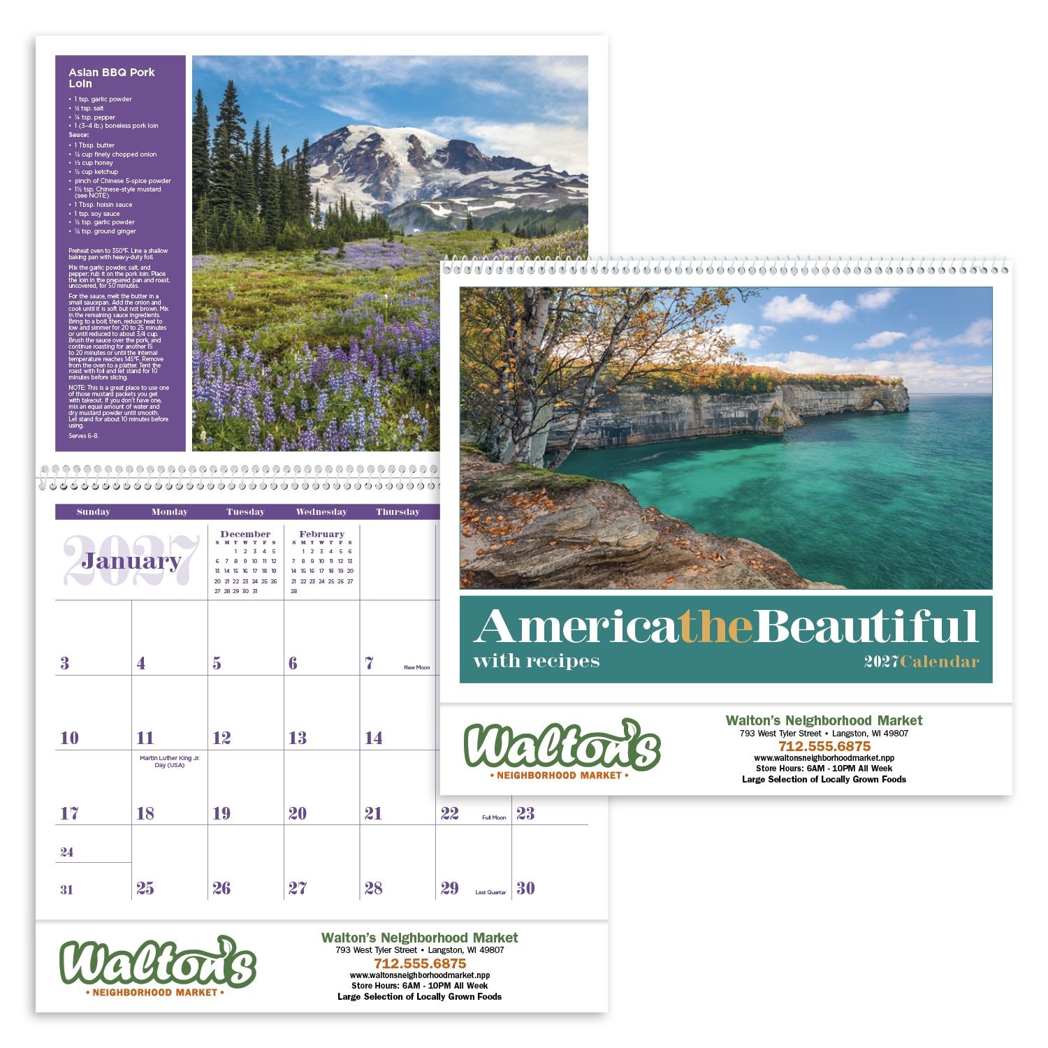 2027 America the Beautiful wall calendar featuring scenic United States landscapes and regional recipe pages with a durable glossy cover.