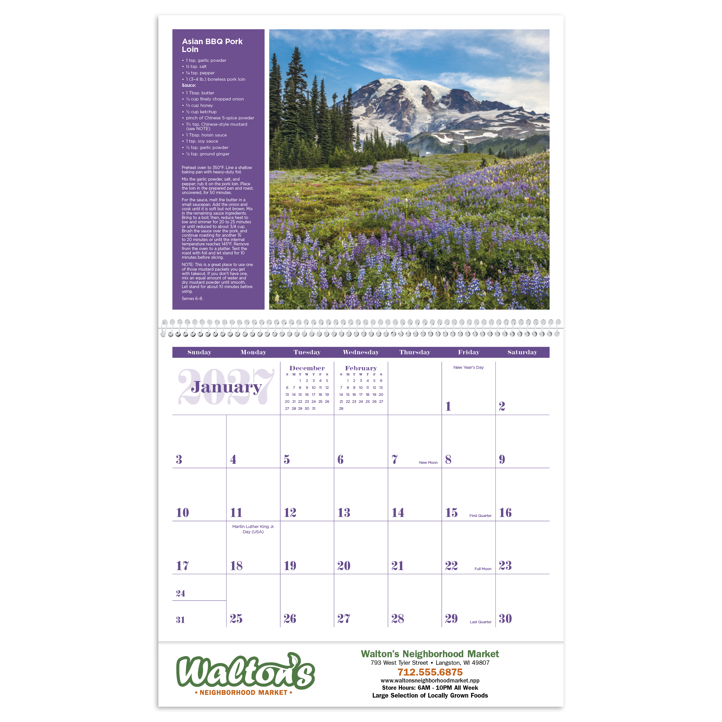 2027 America the Beautiful wall calendar featuring scenic United States landscapes and regional recipe pages with a durable glossy cover.