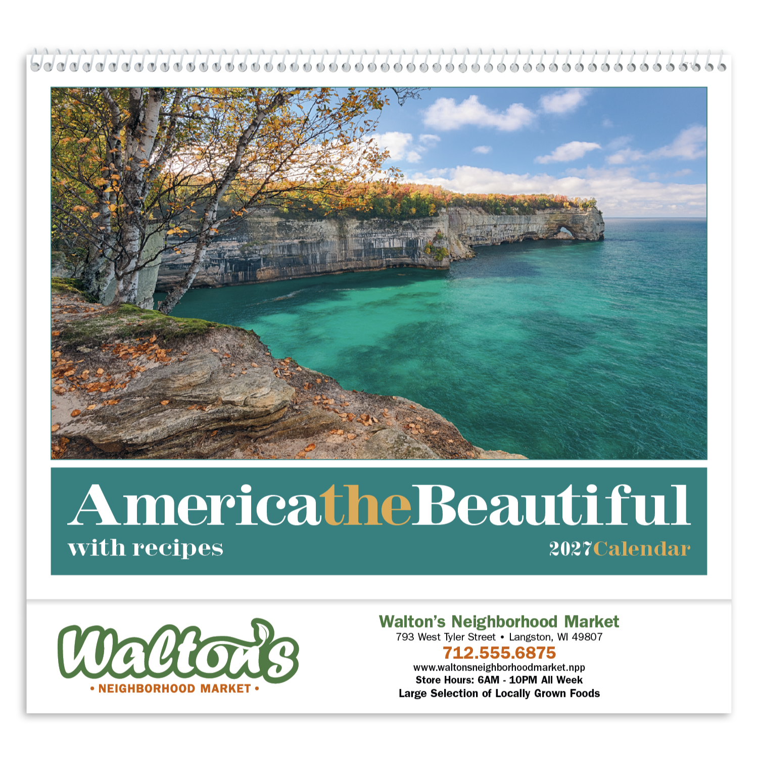 2027 America the Beautiful wall calendar featuring scenic United States landscapes and regional recipe pages with a durable glossy cover.