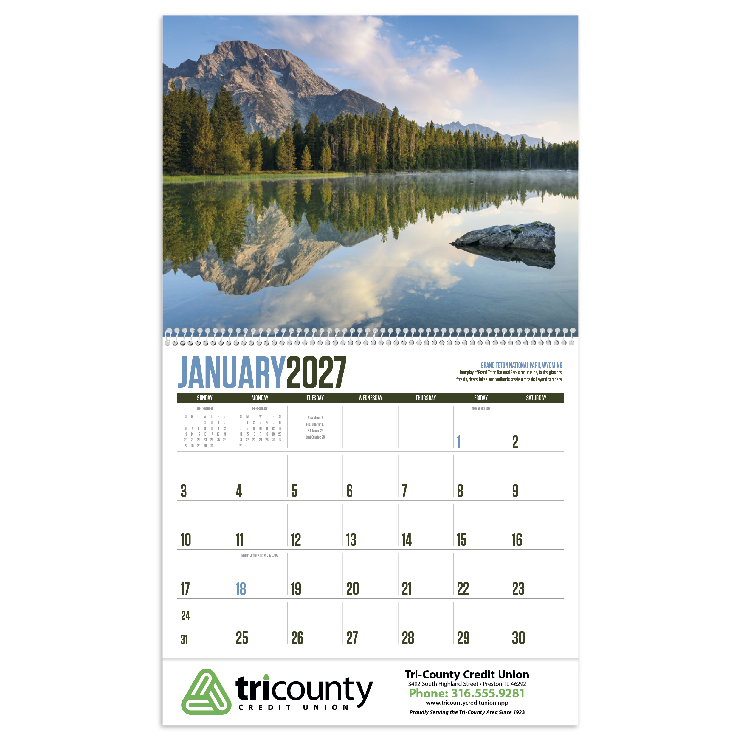 Alt Text example (white background): 2027 National Parks wall calendar featuring stunning photography of iconic American national parks with a glossy FSC®-certified paper cover.
