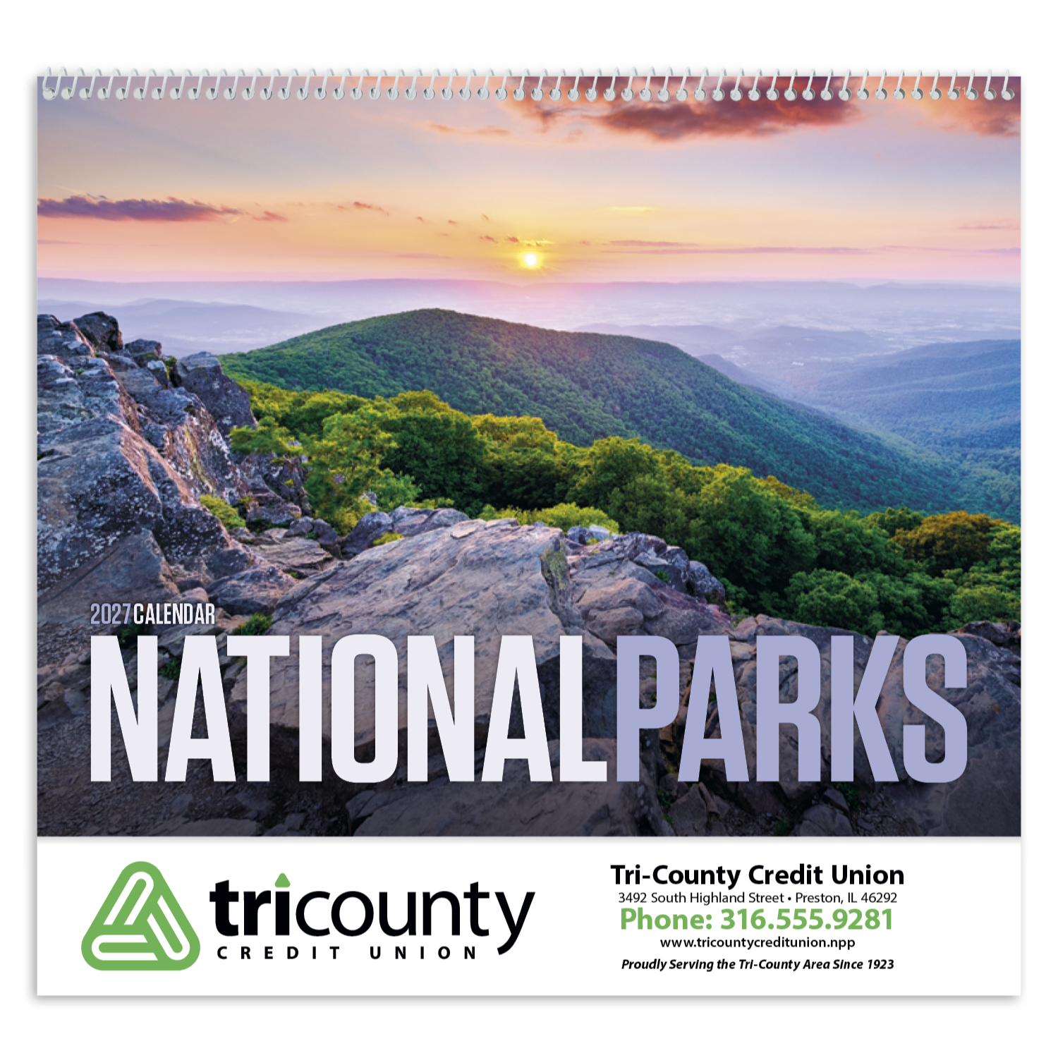 Alt Text example (white background): 2027 National Parks wall calendar featuring stunning photography of iconic American national parks with a glossy FSC®-certified paper cover.