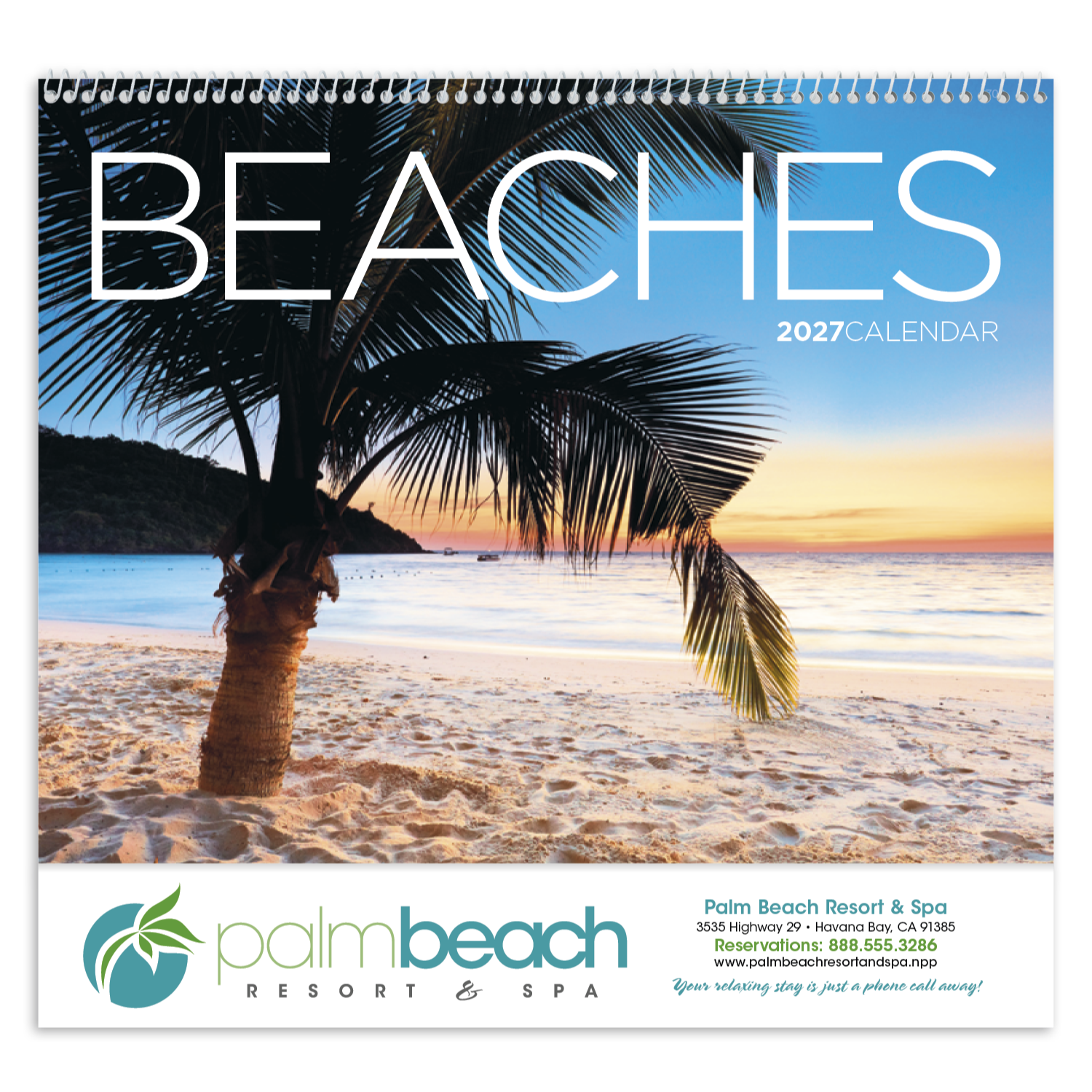2027 Beaches wall calendar featuring stunning sunlit beach landscapes with a glossy FSC®-certified paper cover.