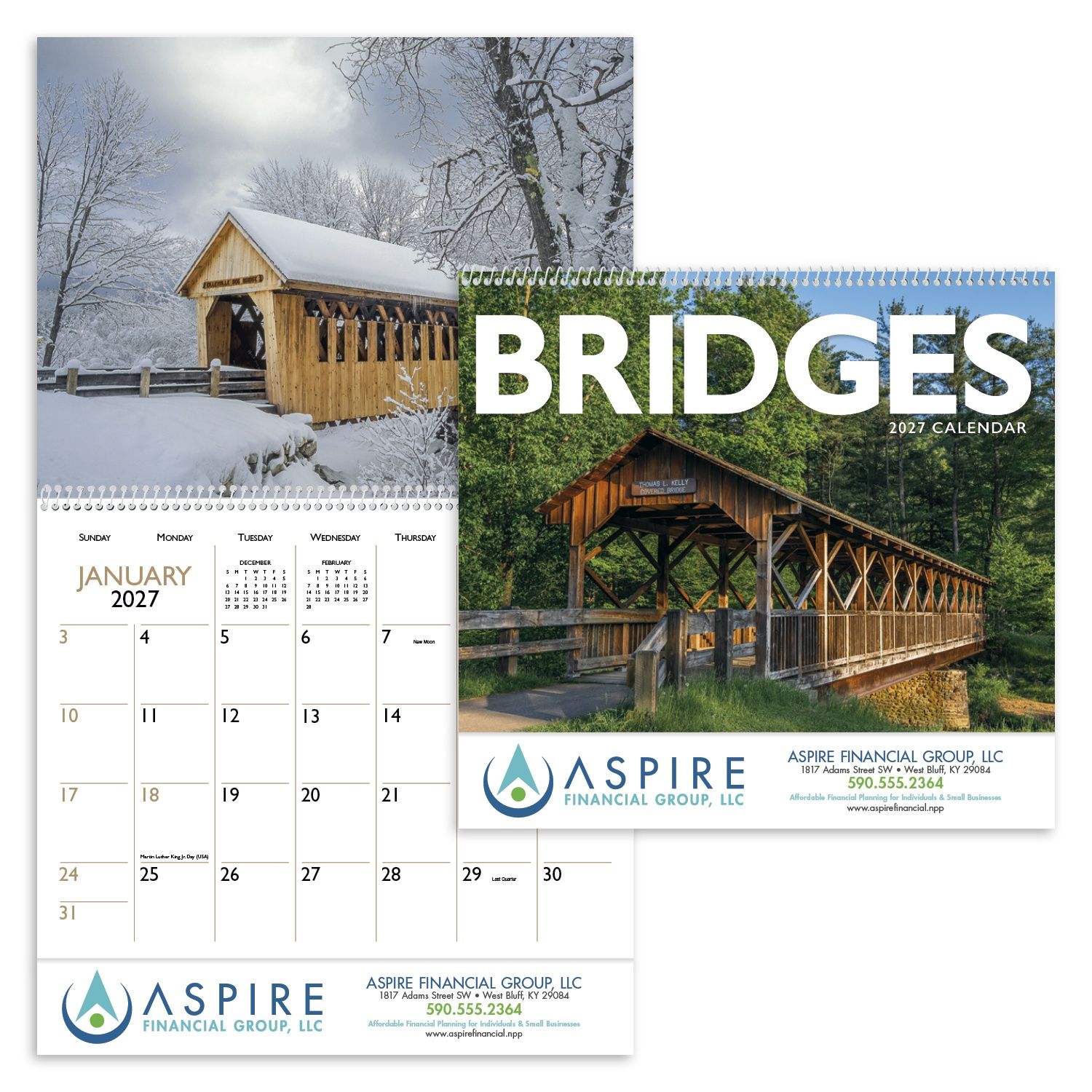 2027 Bridges wall calendar featuring scenic photographs of historic covered bridges with a glossy FSC®-certified paper cover.