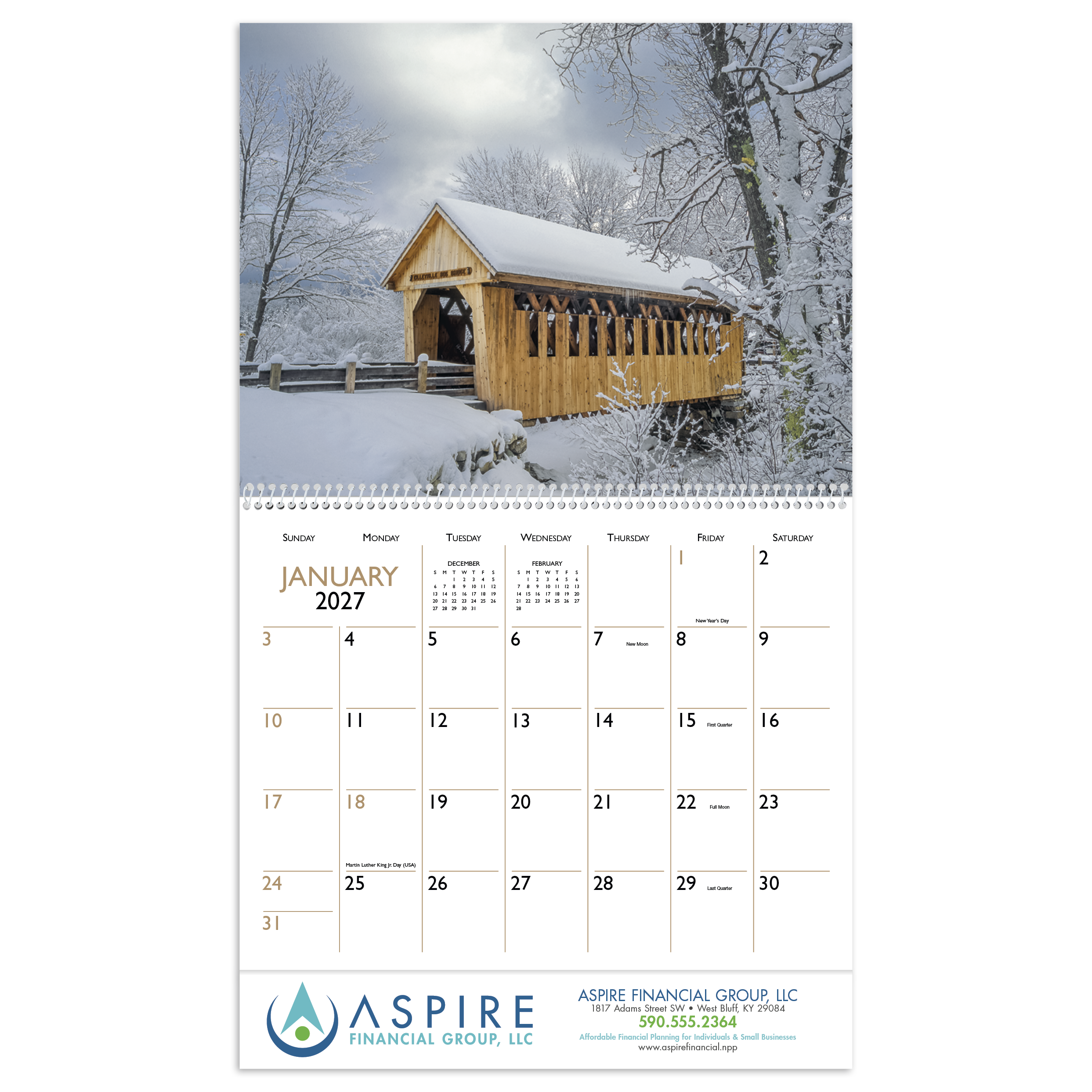 2027 Bridges wall calendar featuring scenic photographs of historic covered bridges with a glossy FSC®-certified paper cover.