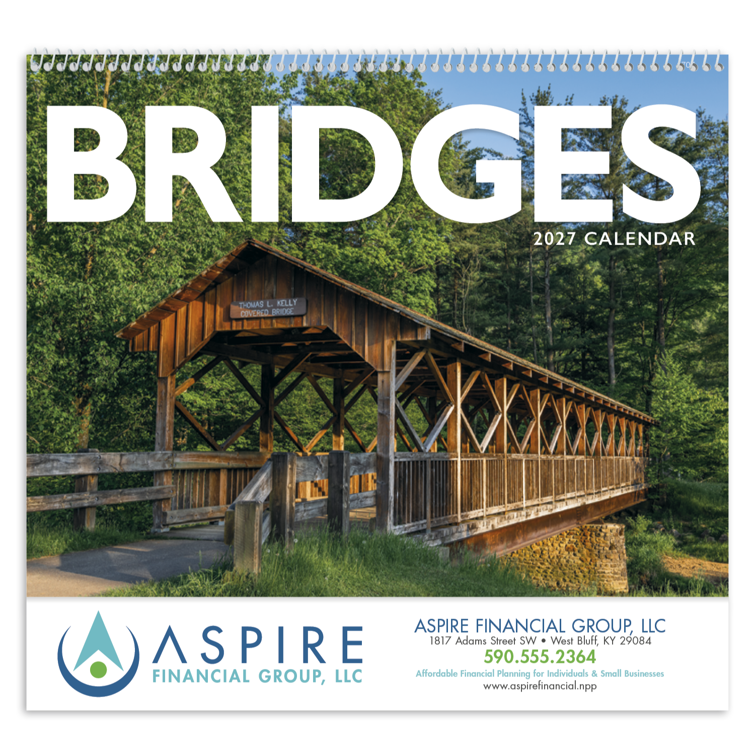 2027 Bridges wall calendar featuring scenic photographs of historic covered bridges with a glossy FSC®-certified paper cover.