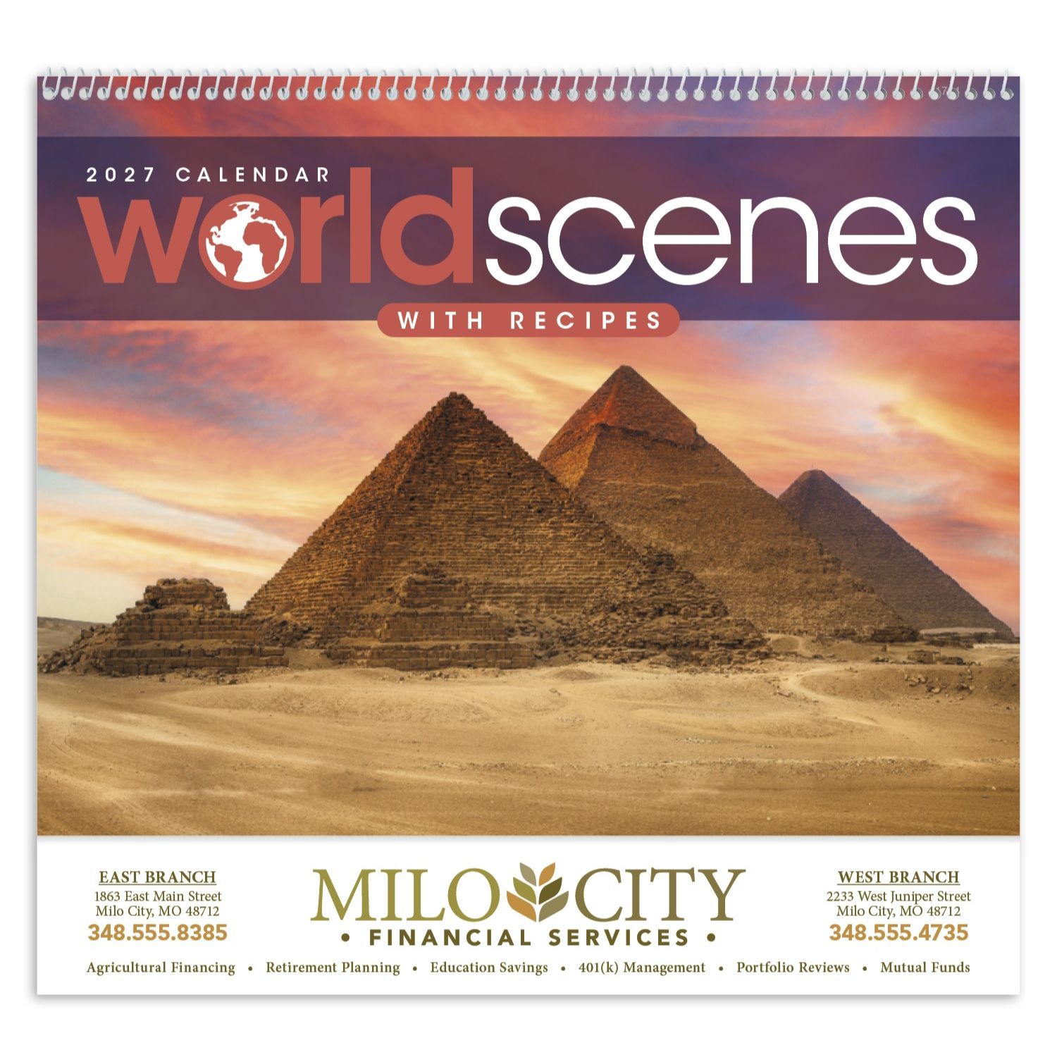 2027 World Scenes with Recipe wall calendar featuring scenic international destinations and country-inspired recipes with a glossy FSC®-certified paper cover.