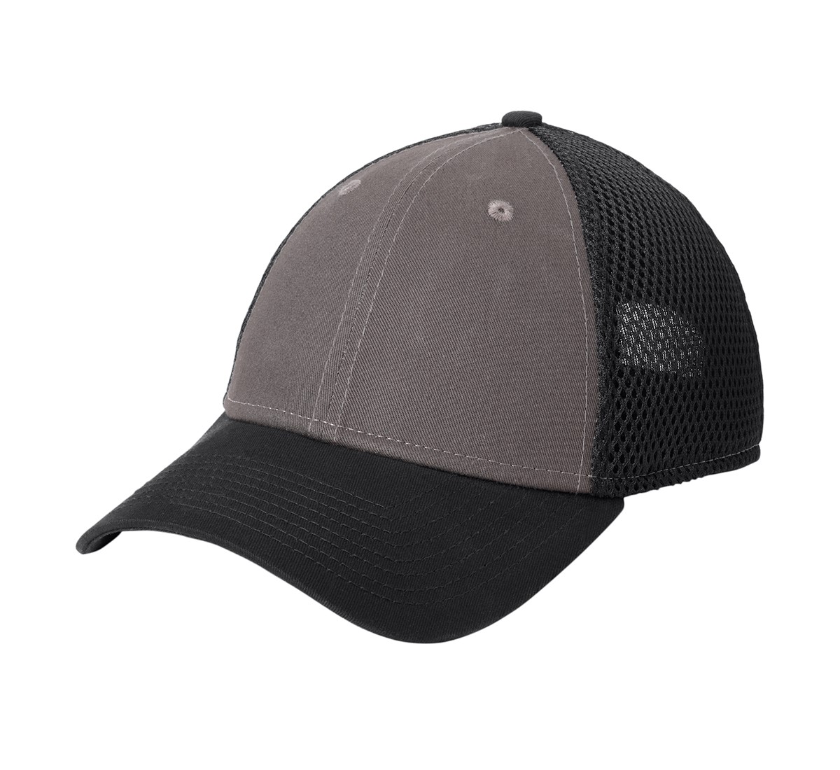 Charcoal and black New Era structured snapback mesh cap with cotton front panels, breathable polyester mesh back panels, precurved visor, and adjustable snapback closure.
