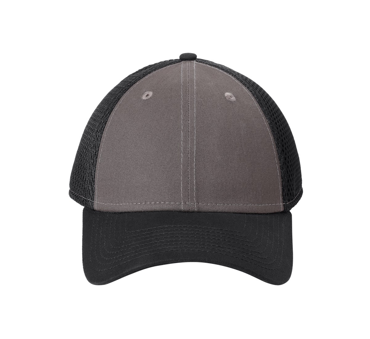 Charcoal and black New Era structured snapback mesh cap with cotton front panels, breathable polyester mesh back panels, precurved visor, and adjustable snapback closure.