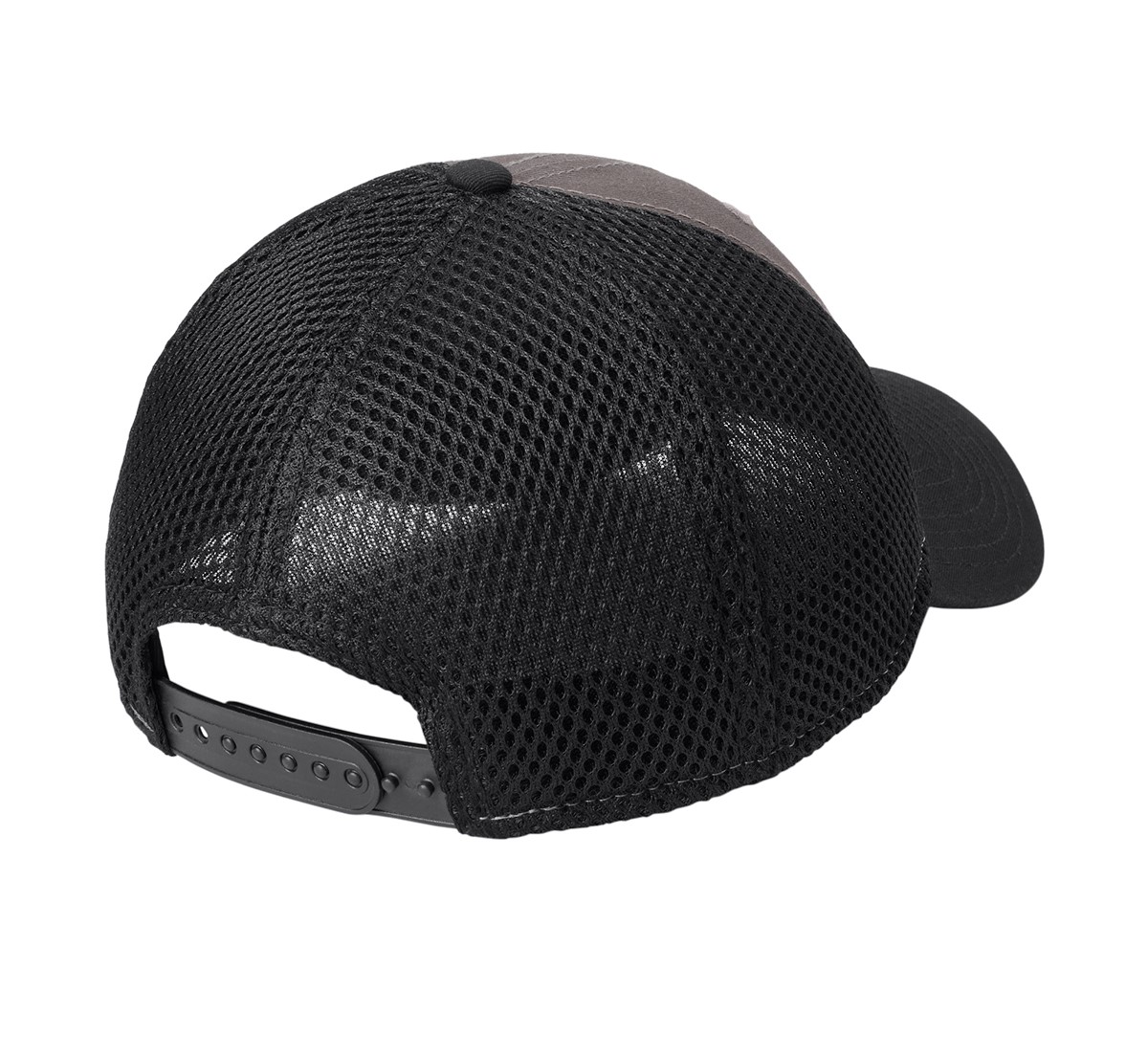 Charcoal and black New Era structured snapback mesh cap with cotton front panels, breathable polyester mesh back panels, precurved visor, and adjustable snapback closure.