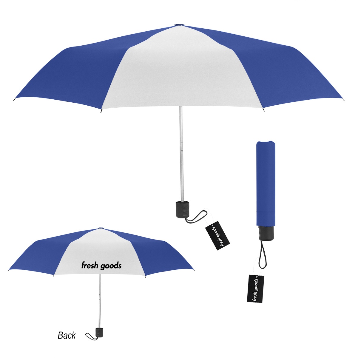 Royal blue and white telescopic umbrella made with recycled materials featuring a contrasting canopy.