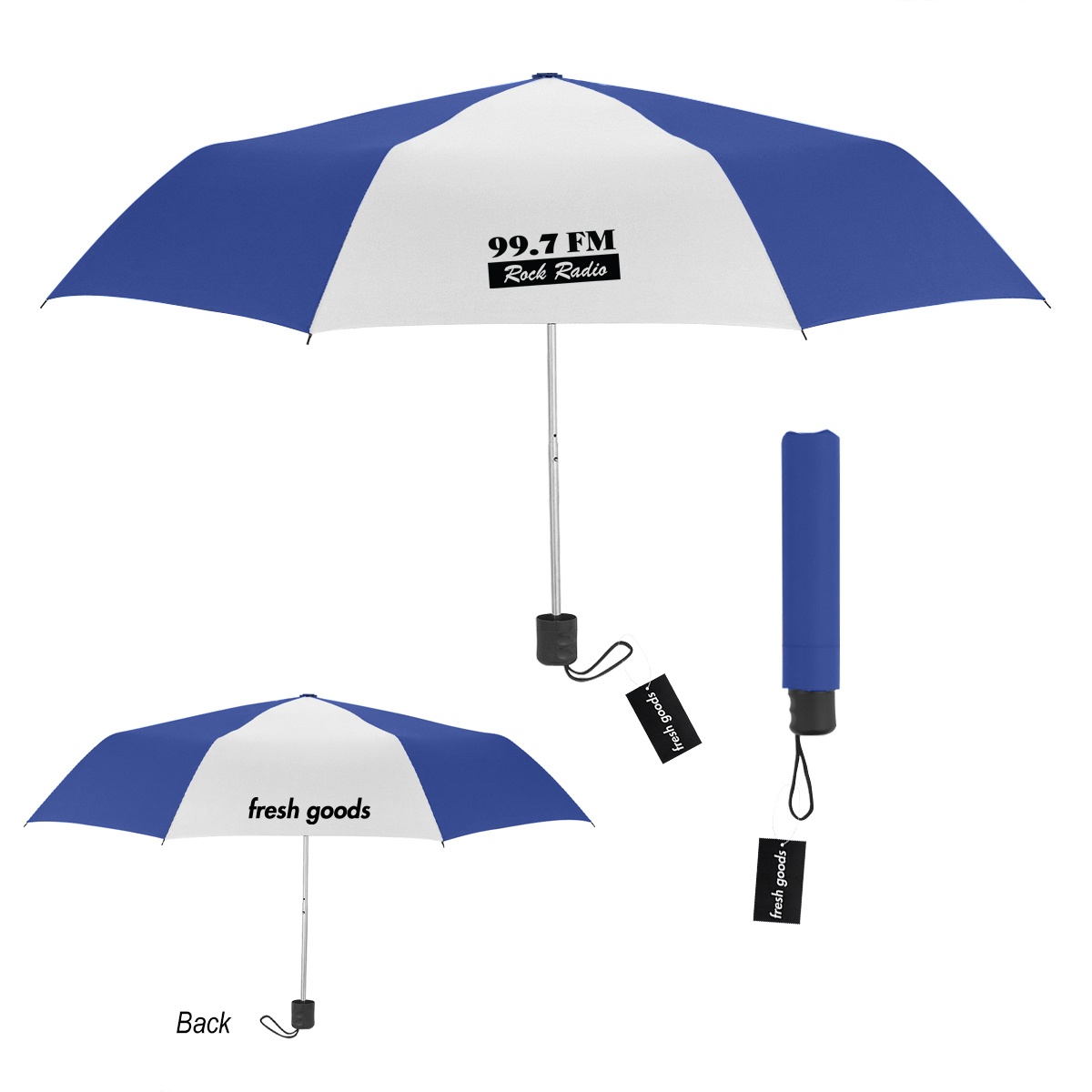 Royal blue and white telescopic umbrella made with recycled materials featuring a contrasting canopy.