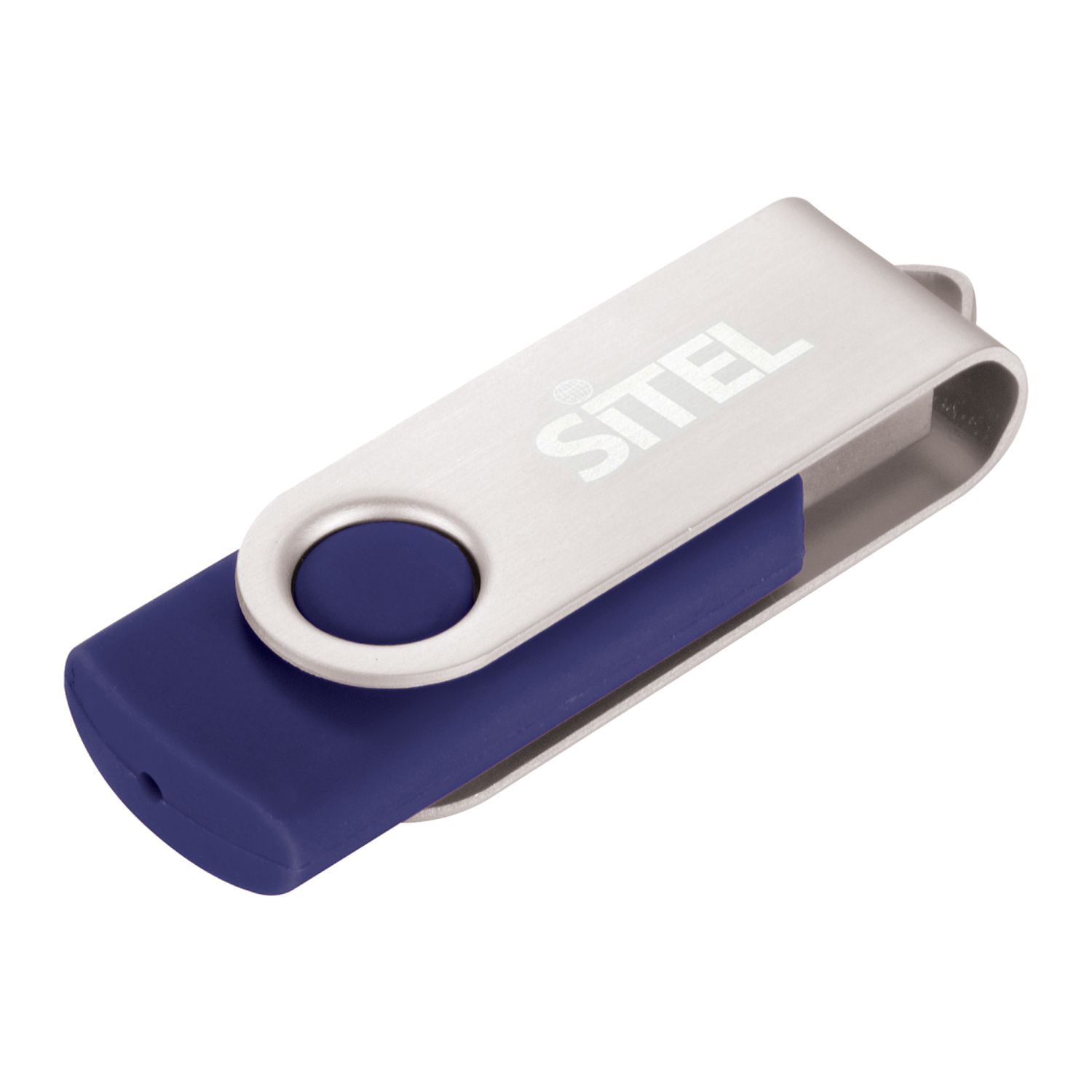 Blue rotating 4GB USB flash drive with a brushed aluminum swivel cover and durable ABS plastic body.