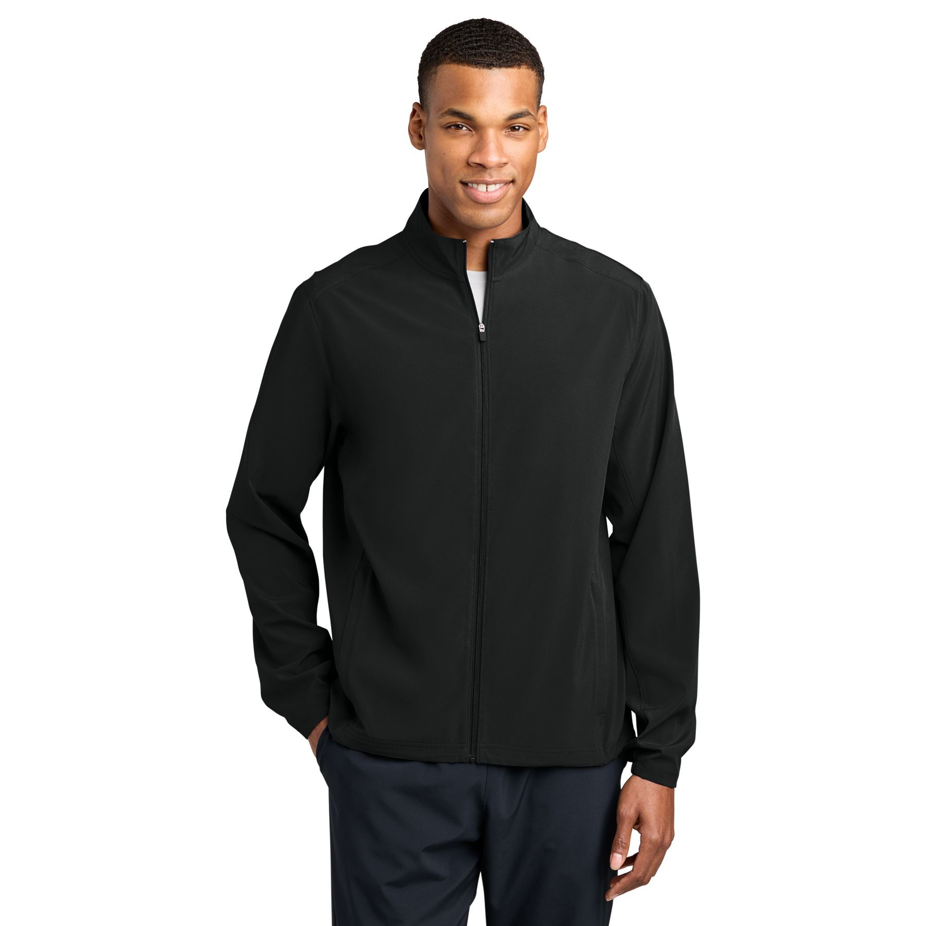 Black lightweight performance jacket with full-zip front, stand collar, long sleeves, mesh-lined pockets, and stretch-woven moisture-wicking fabric.