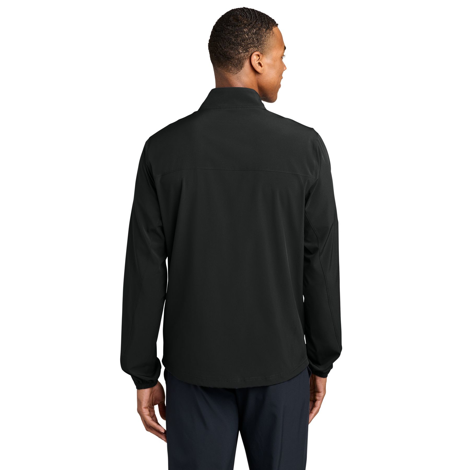 Black lightweight performance jacket with full-zip front, stand collar, long sleeves, mesh-lined pockets, and stretch-woven moisture-wicking fabric.