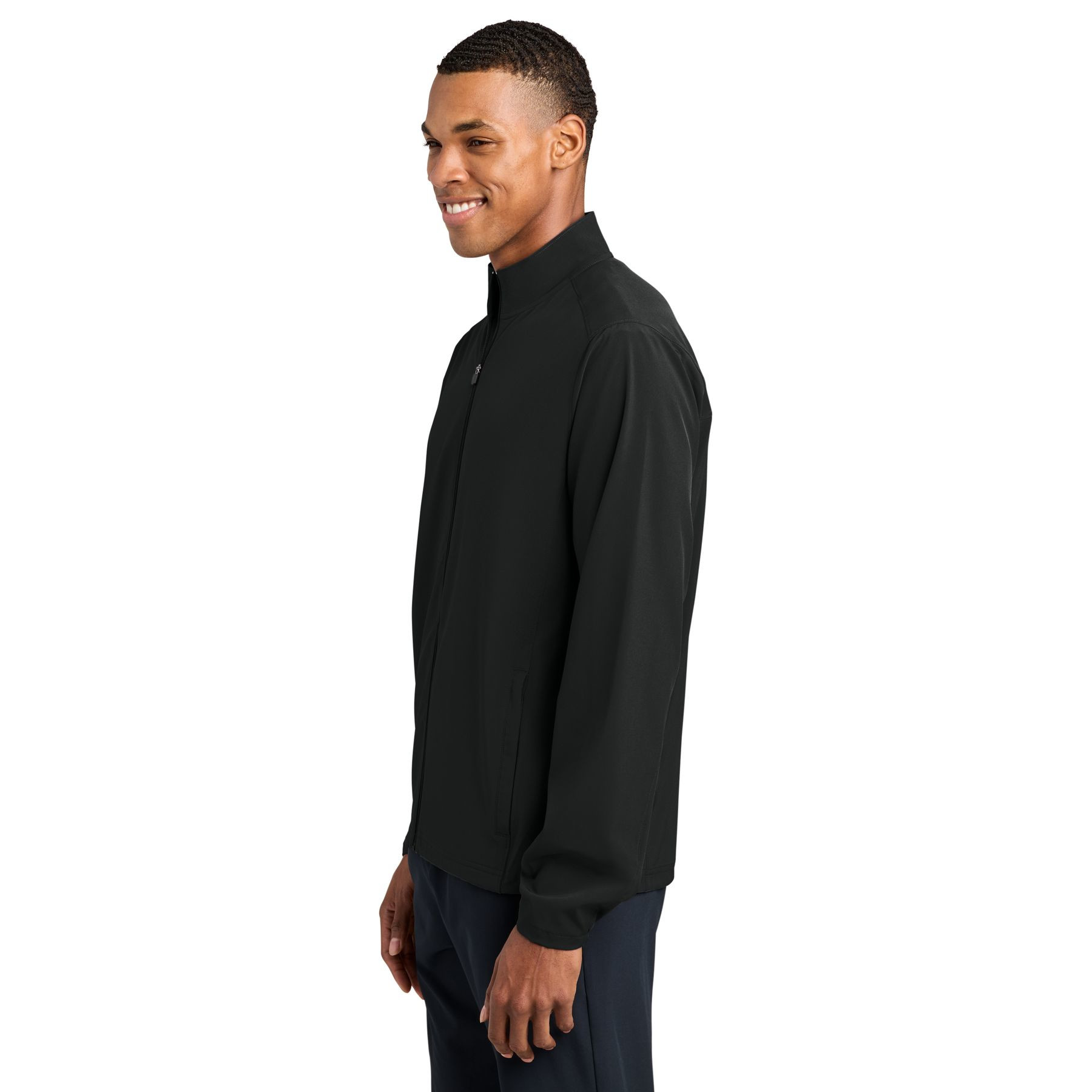Black lightweight performance jacket with full-zip front, stand collar, long sleeves, mesh-lined pockets, and stretch-woven moisture-wicking fabric.