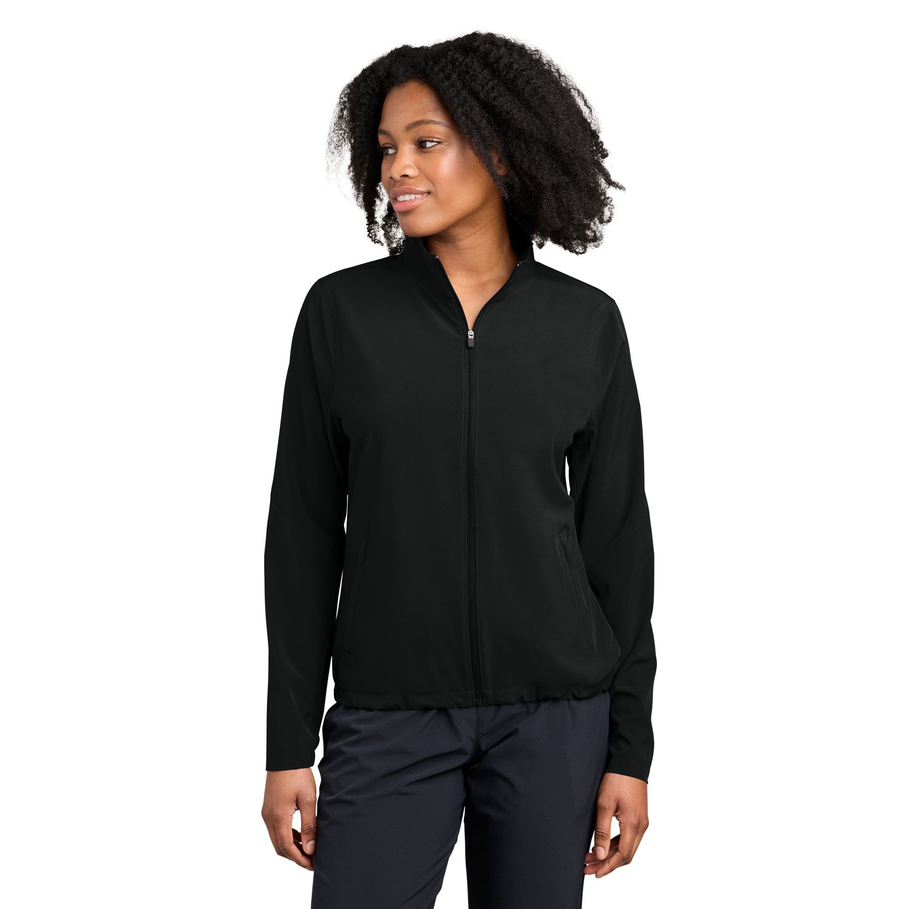 Black lightweight women’s performance jacket with a full-zip front, long sleeves, mesh-lined pockets, elastic cuffs, adjustable hem, and moisture-wicking stretch fabric.