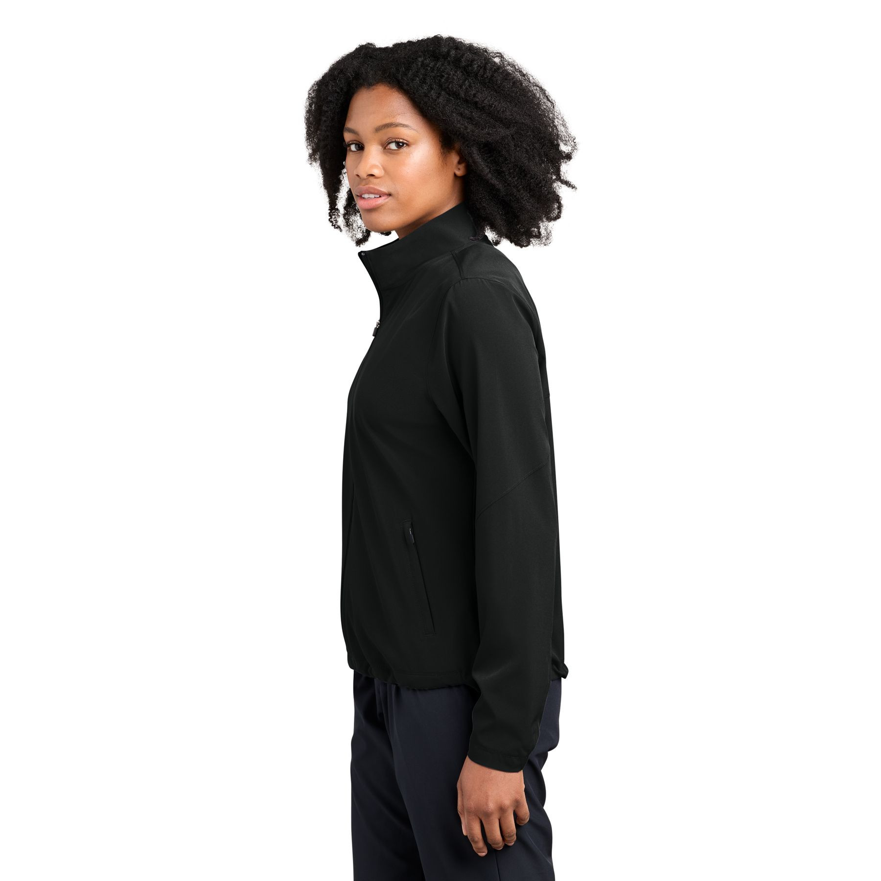 Black lightweight women’s performance jacket with a full-zip front, long sleeves, mesh-lined pockets, elastic cuffs, adjustable hem, and moisture-wicking stretch fabric.