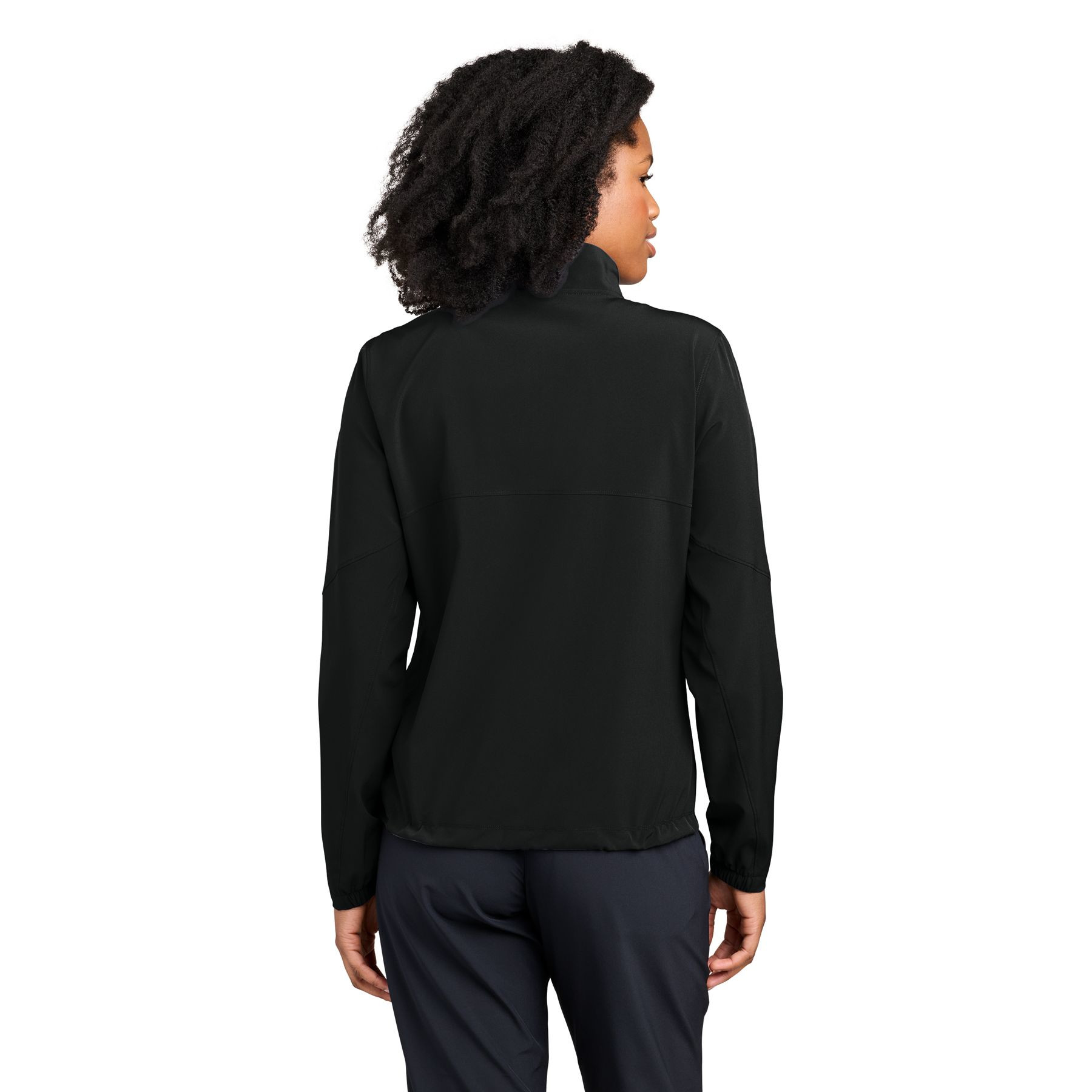 Black lightweight women’s performance jacket with a full-zip front, long sleeves, mesh-lined pockets, elastic cuffs, adjustable hem, and moisture-wicking stretch fabric.