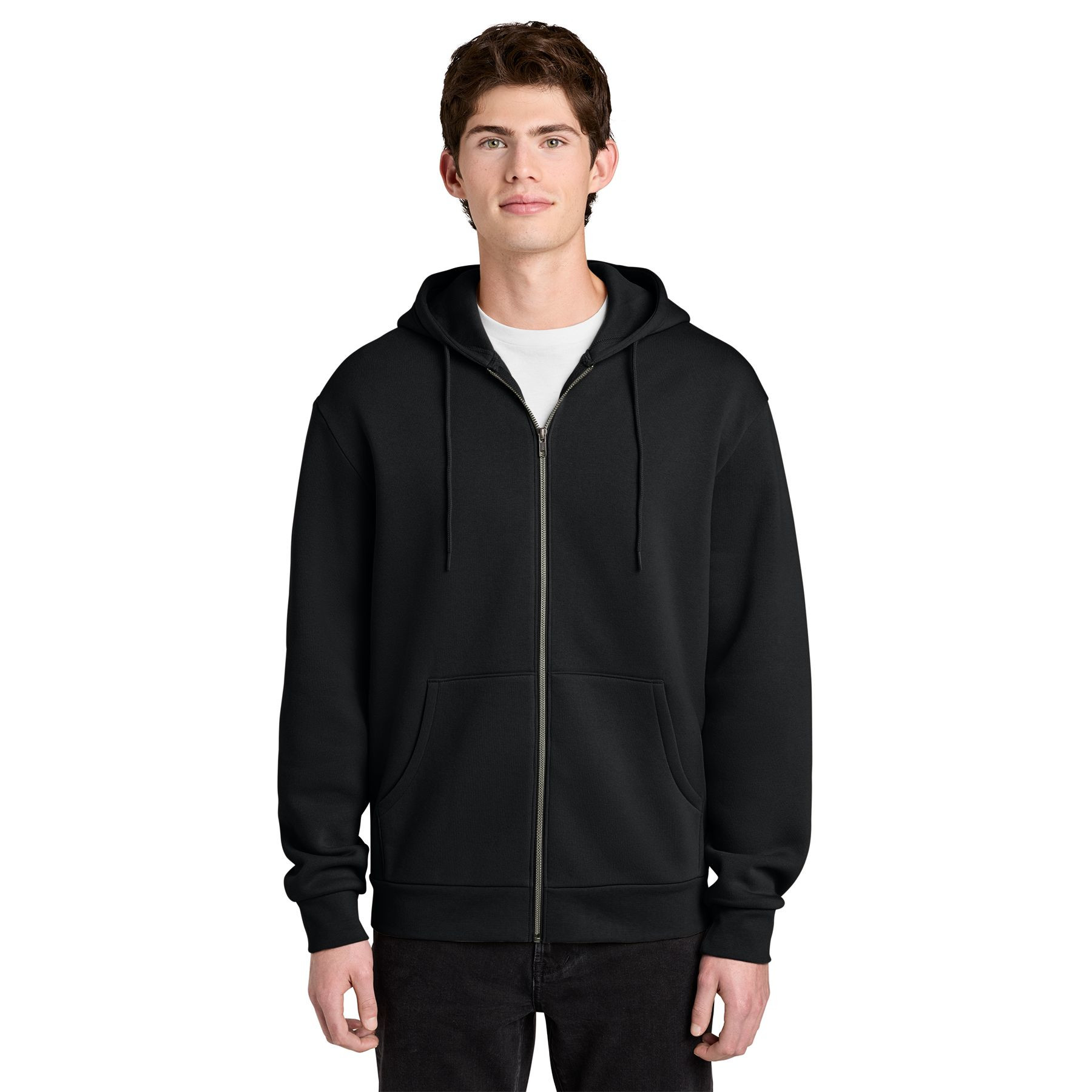 Black full-zip fleece hoodie with a double-layer hood, matching drawcords, rib knit cuffs and hem, front zipper, and ultra-soft cotton-blend fabric.