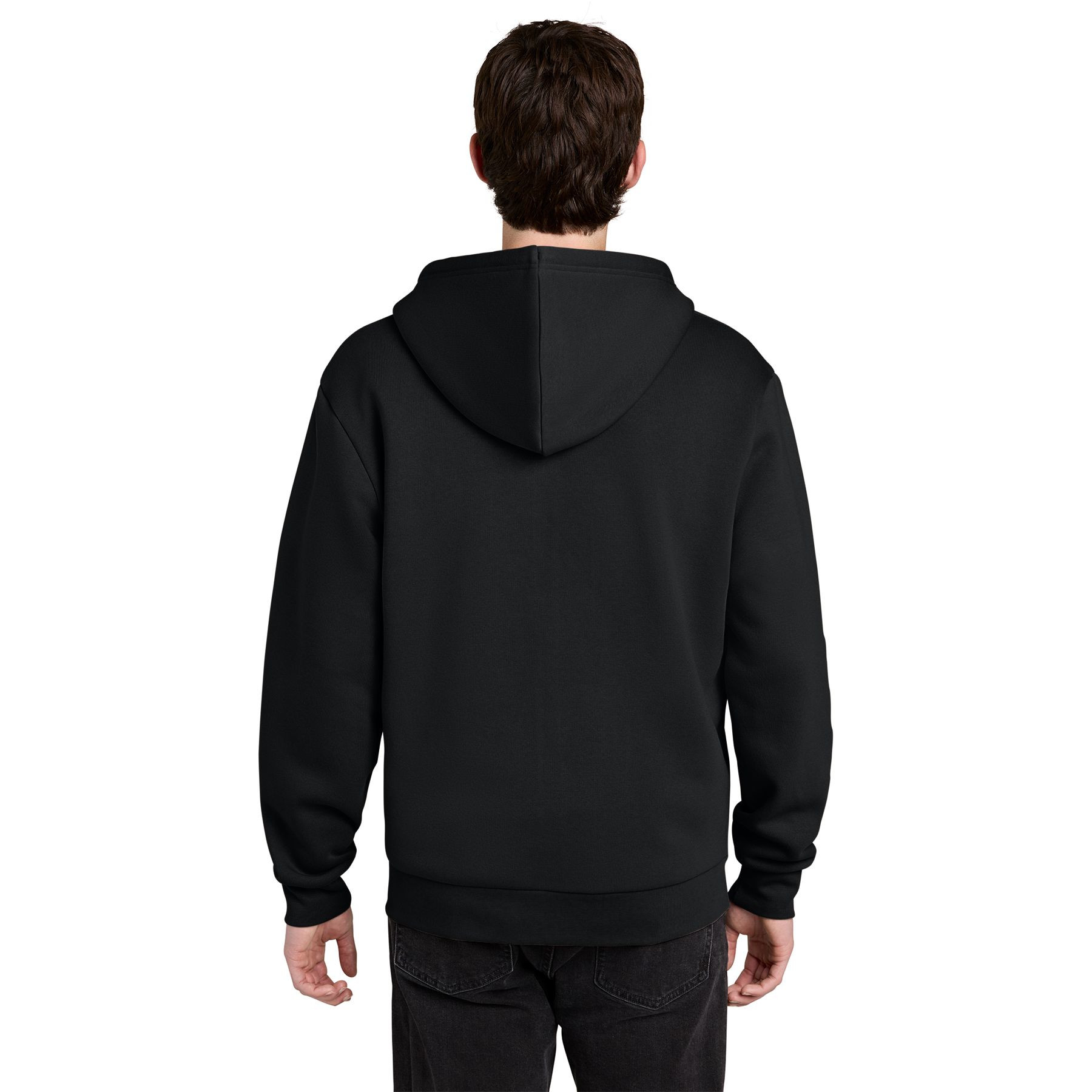 Black full-zip fleece hoodie with a double-layer hood, matching drawcords, rib knit cuffs and hem, front zipper, and ultra-soft cotton-blend fabric.