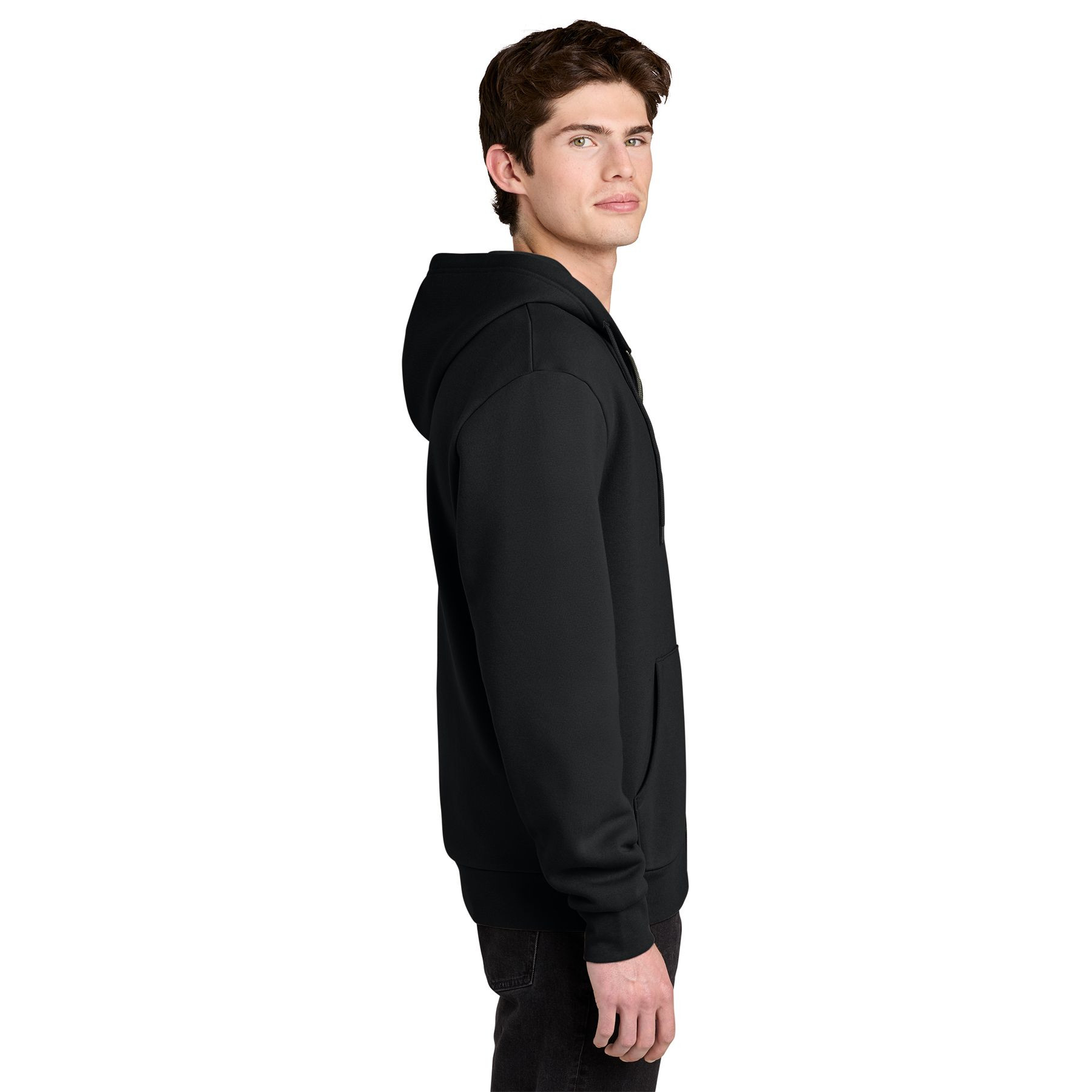 Black full-zip fleece hoodie with a double-layer hood, matching drawcords, rib knit cuffs and hem, front zipper, and ultra-soft cotton-blend fabric.