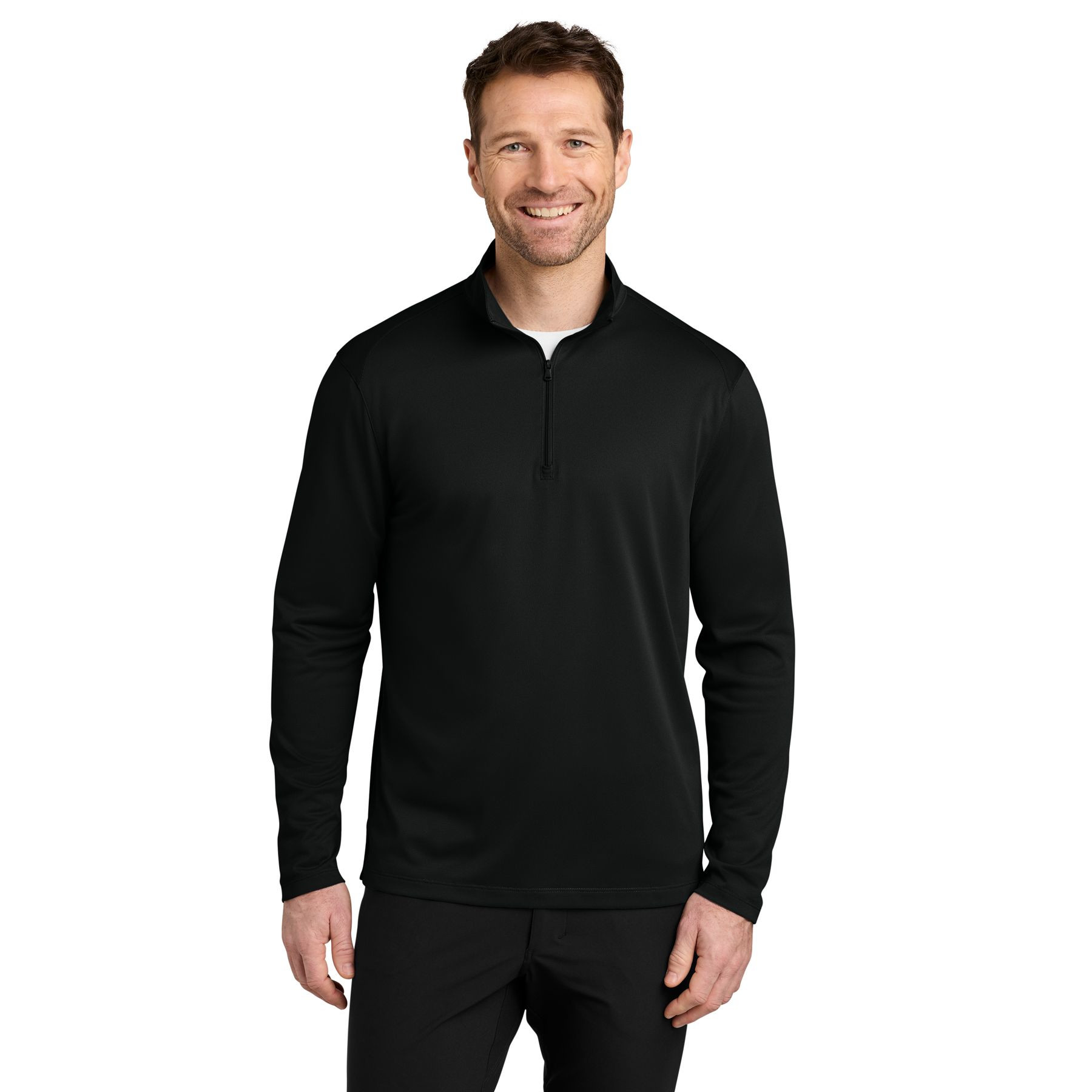 Deep Black performance quarter-zip pullover with a cadet collar, long sleeves, moisture-wicking polyester pique fabric, and a matching coil zipper.