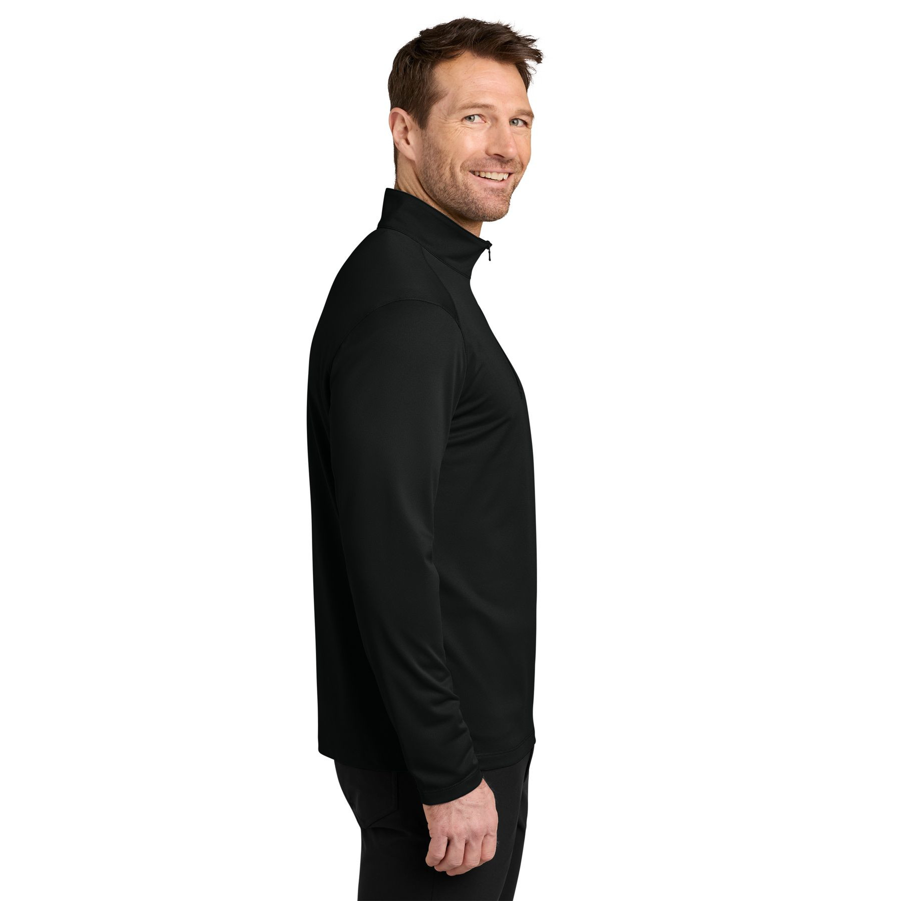 Deep Black performance quarter-zip pullover with a cadet collar, long sleeves, moisture-wicking polyester pique fabric, and a matching coil zipper.