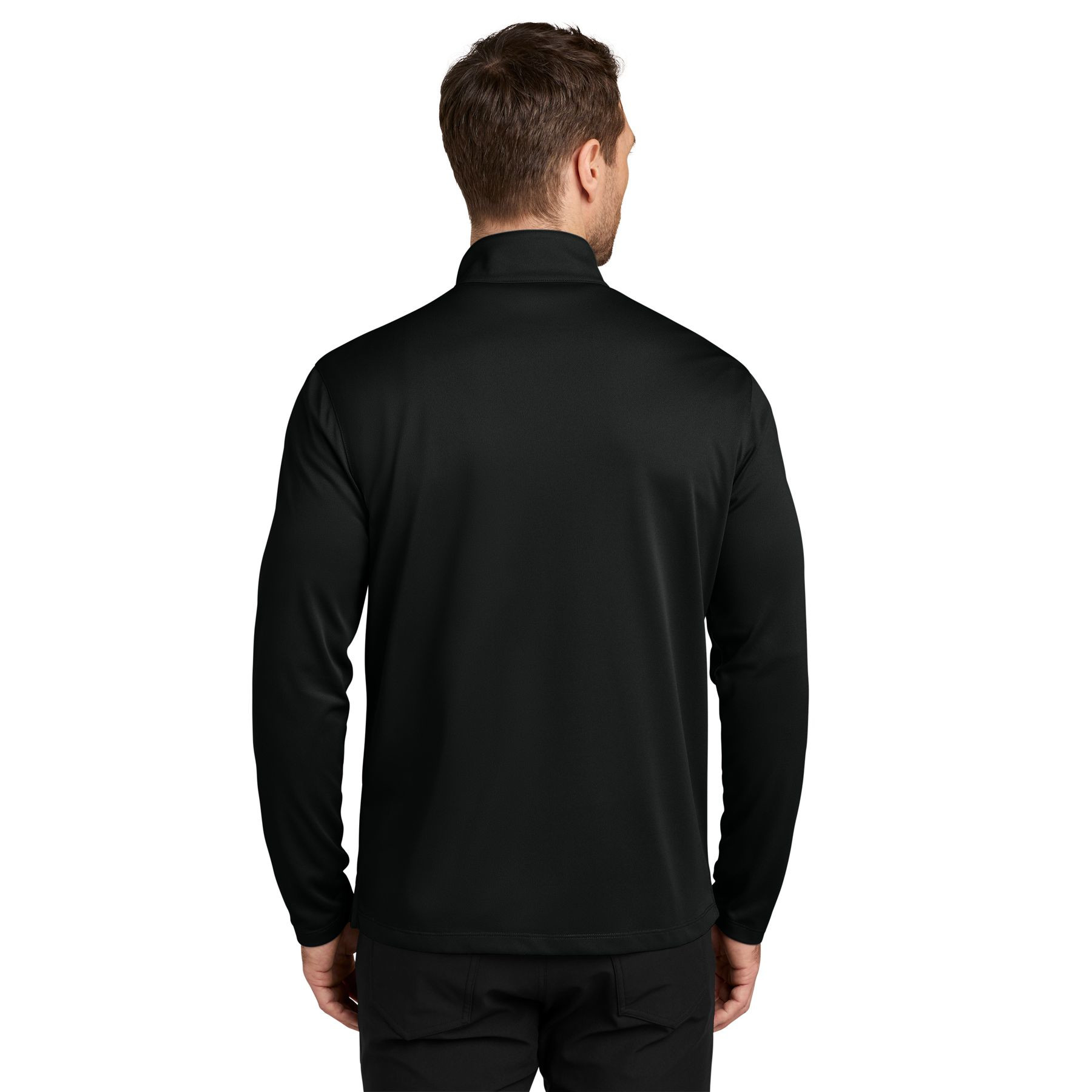 Deep Black performance quarter-zip pullover with a cadet collar, long sleeves, moisture-wicking polyester pique fabric, and a matching coil zipper.