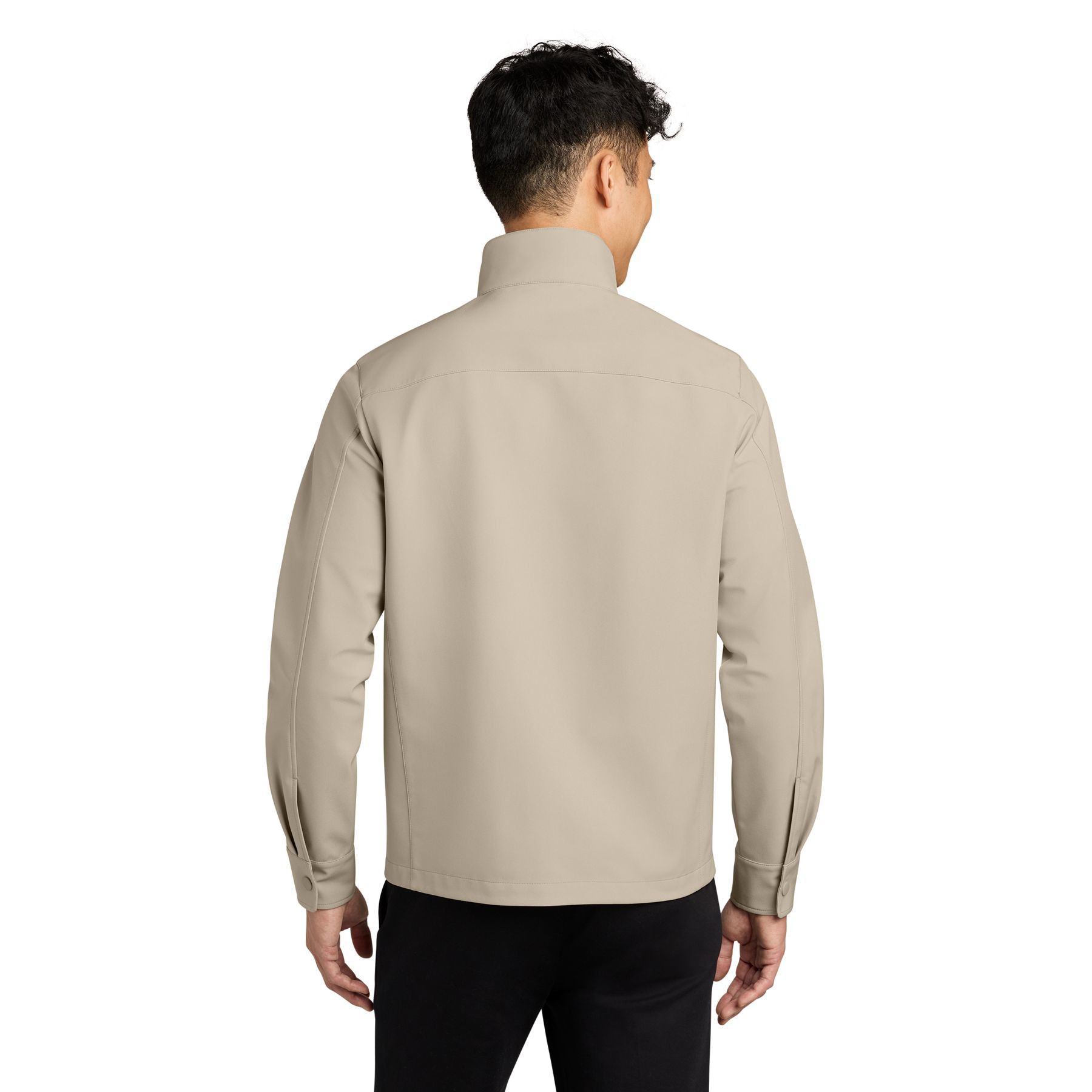 Almond soft shell jacket with a zip-through collar, full-length zipper, adjustable snap cuffs, zippered hand pockets, and stretch water-resistant fabric.
