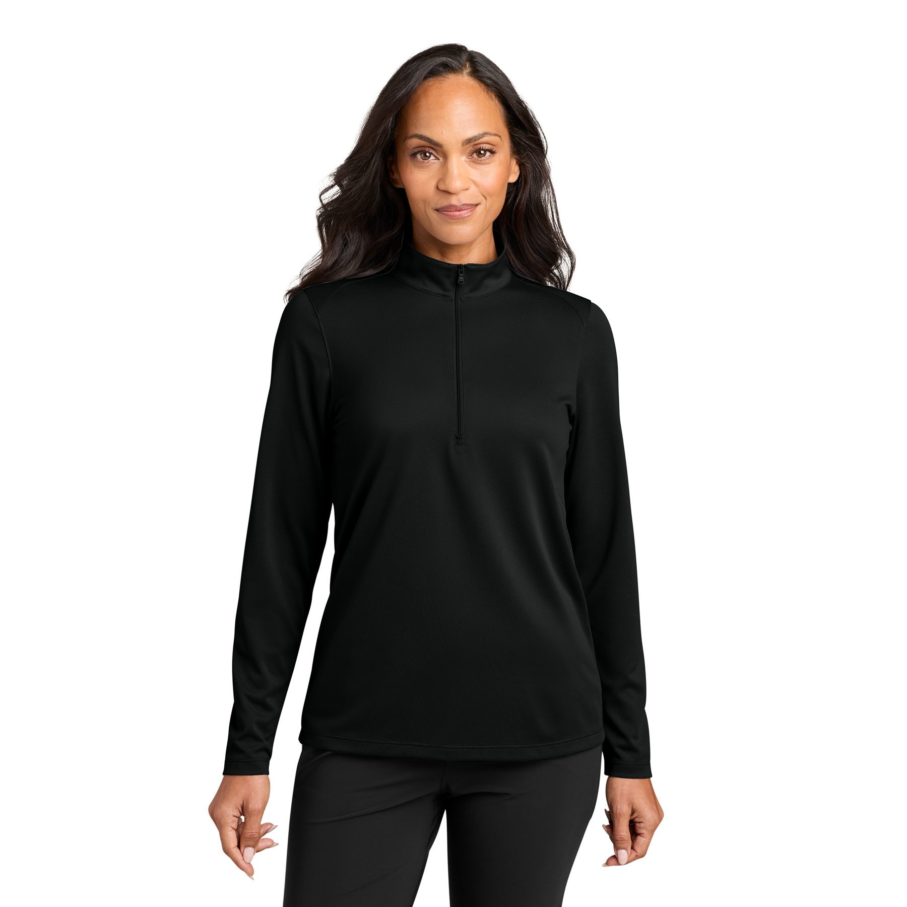 Deep Black women's performance quarter-zip pullover with a cadet collar, long sleeves, rounded drop tail hem, moisture-wicking polyester pique fabric, and a matching coil zipper.