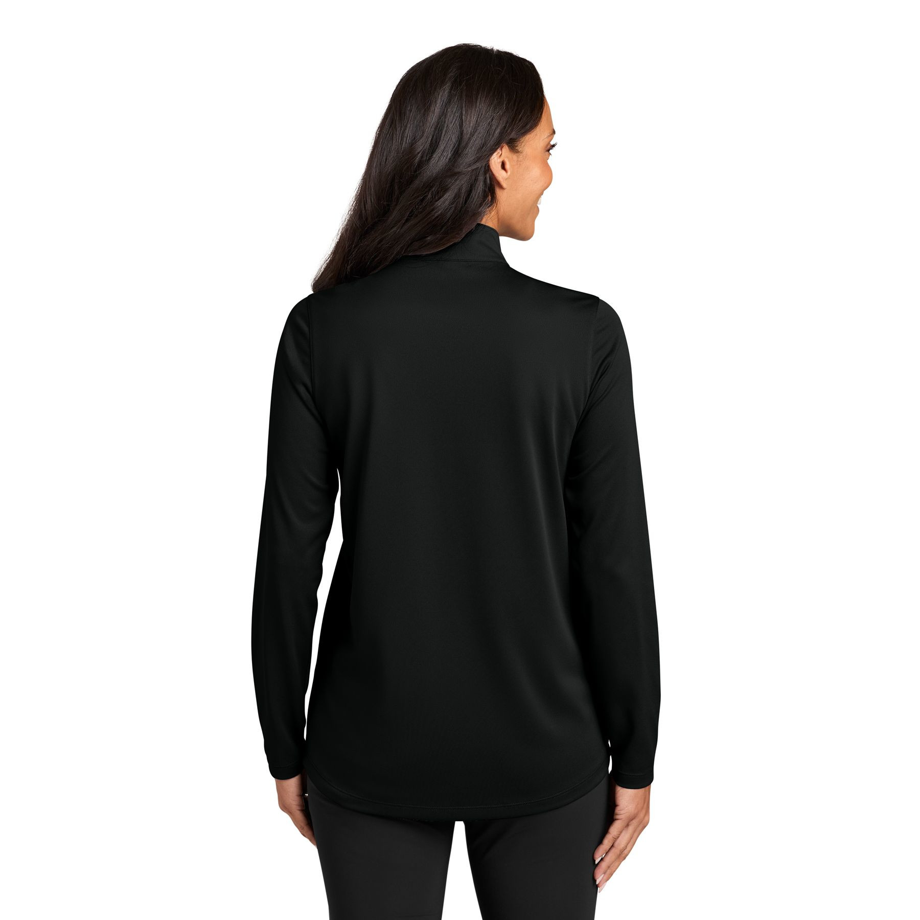 Deep Black women's performance quarter-zip pullover with a cadet collar, long sleeves, rounded drop tail hem, moisture-wicking polyester pique fabric, and a matching coil zipper.