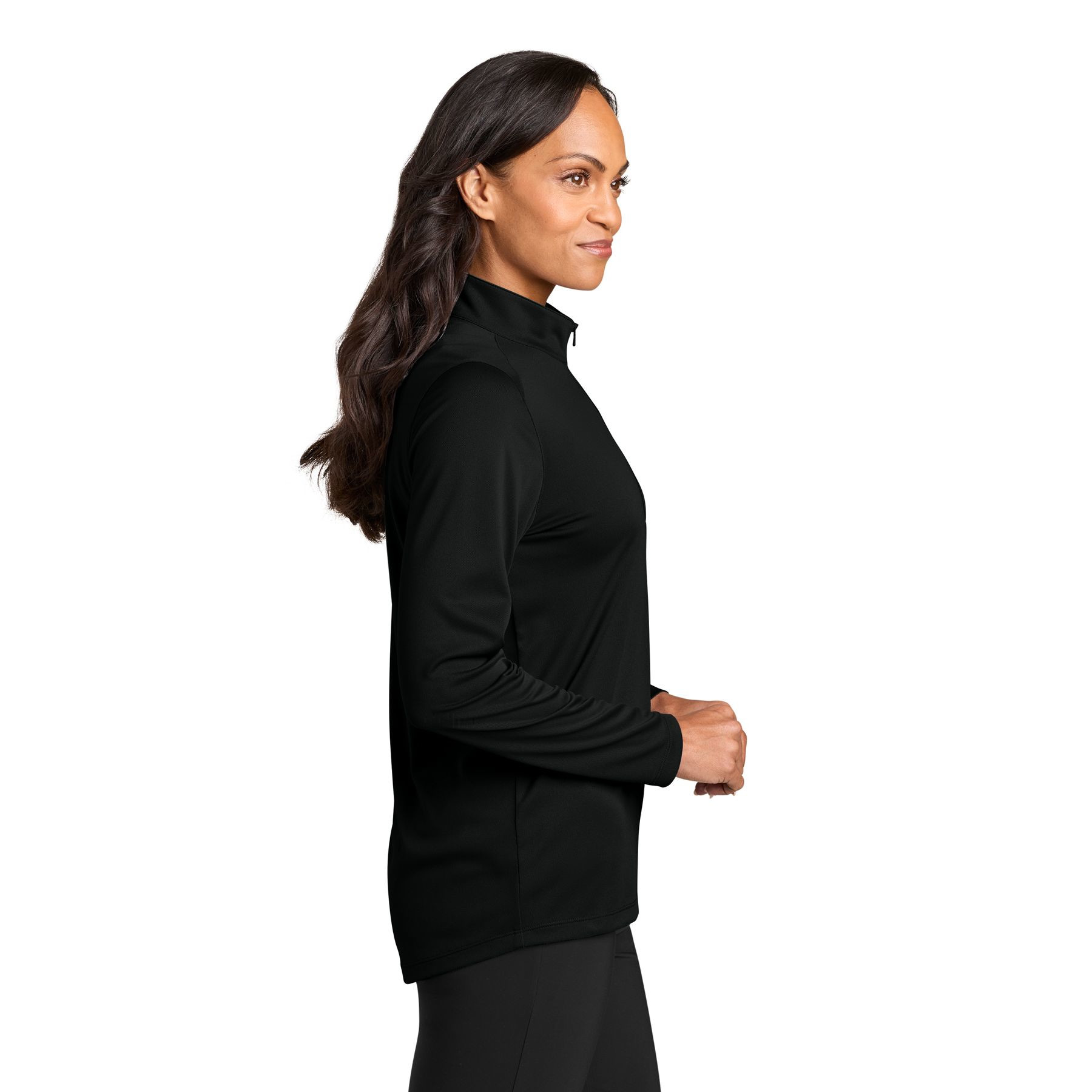 Deep Black women's performance quarter-zip pullover with a cadet collar, long sleeves, rounded drop tail hem, moisture-wicking polyester pique fabric, and a matching coil zipper.