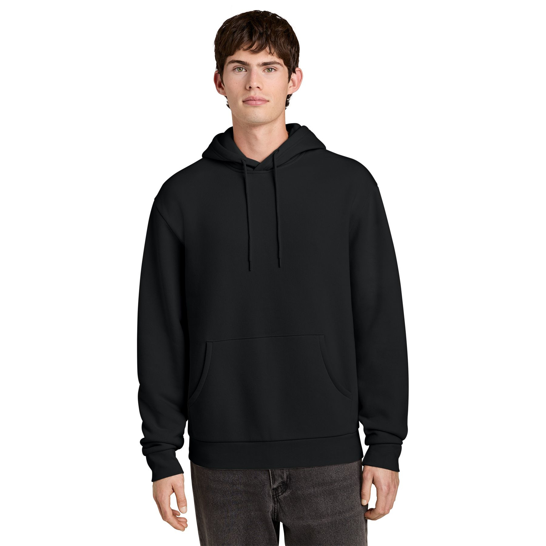 Black soft fleece hoodie with a double-layer hood, matching drawcords, rib knit trims, and cotton-blend construction.