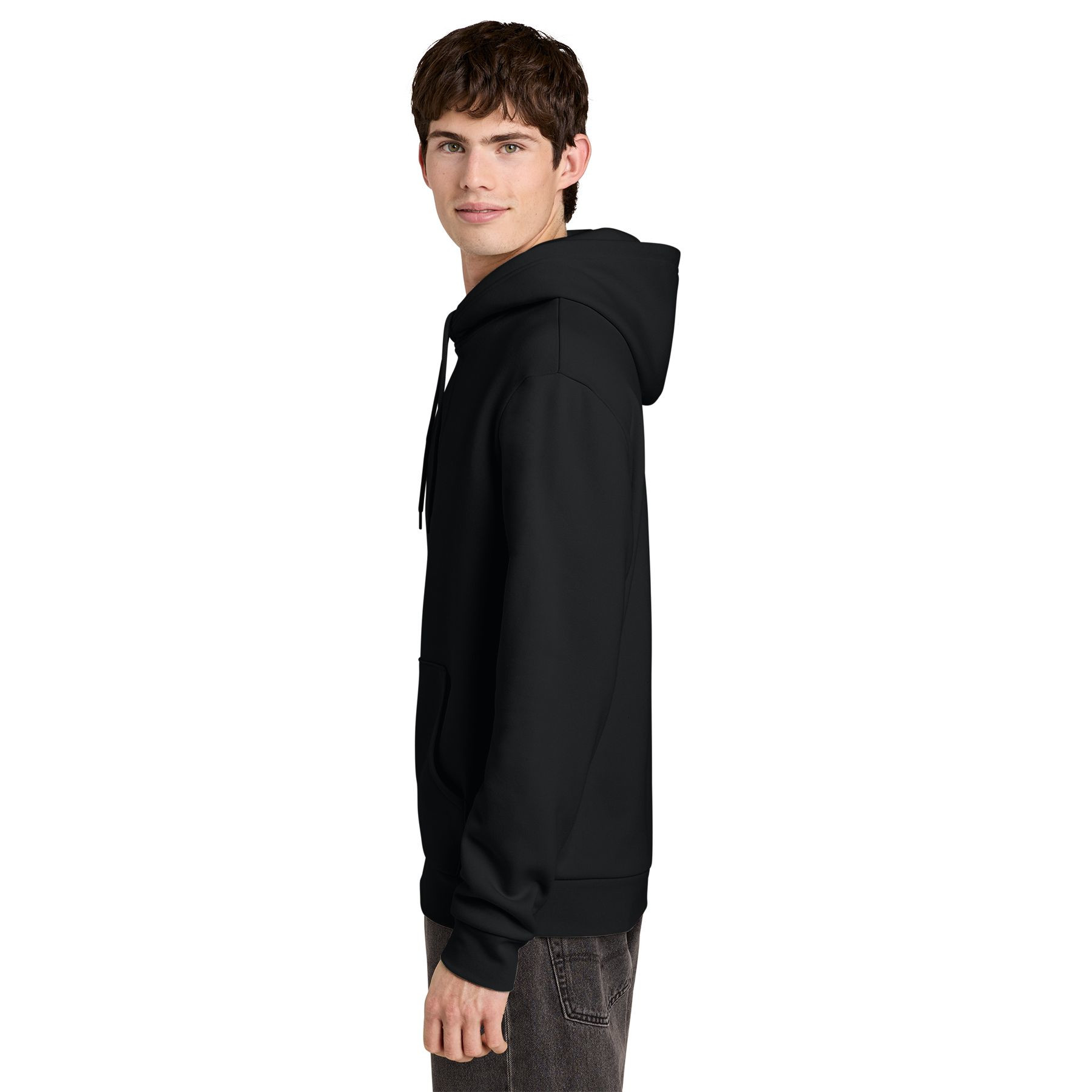 Black soft fleece hoodie with a double-layer hood, matching drawcords, rib knit trims, and cotton-blend construction.