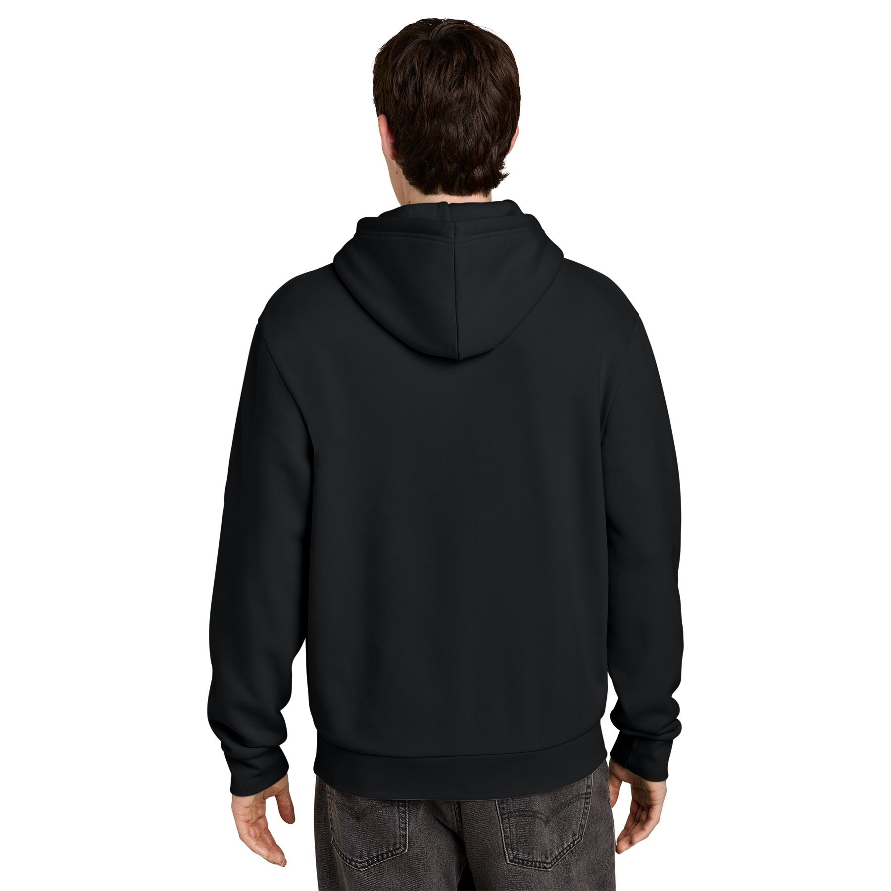 Black soft fleece hoodie with a double-layer hood, matching drawcords, rib knit trims, and cotton-blend construction.