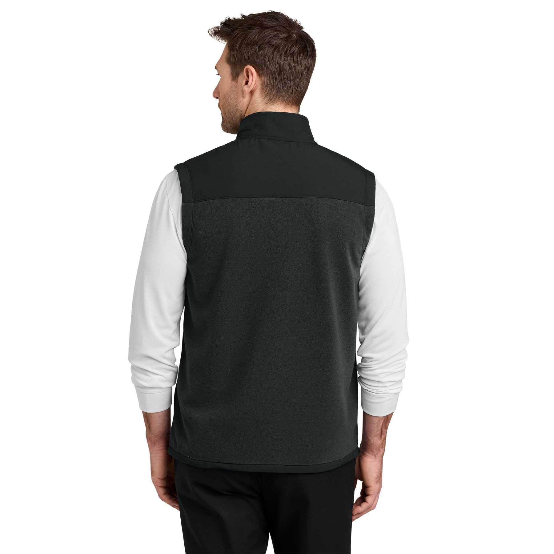 Black fleece vest with a zip-through cadet collar, full-length zipper, zippered front pockets, stretch woven shoulder overlay, and adjustable drawcord hem.