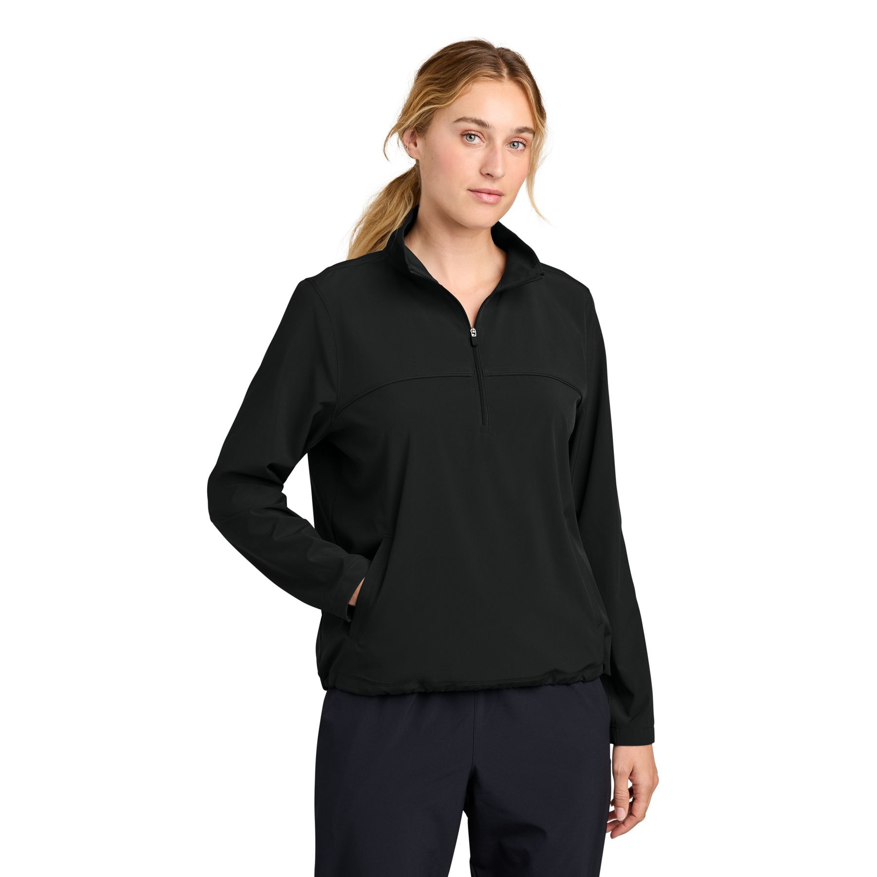Black women's performance 1/2-zip pullover with a stand collar, curved yoke, front pockets, partial elastic cuffs, and stretch-woven fabric.