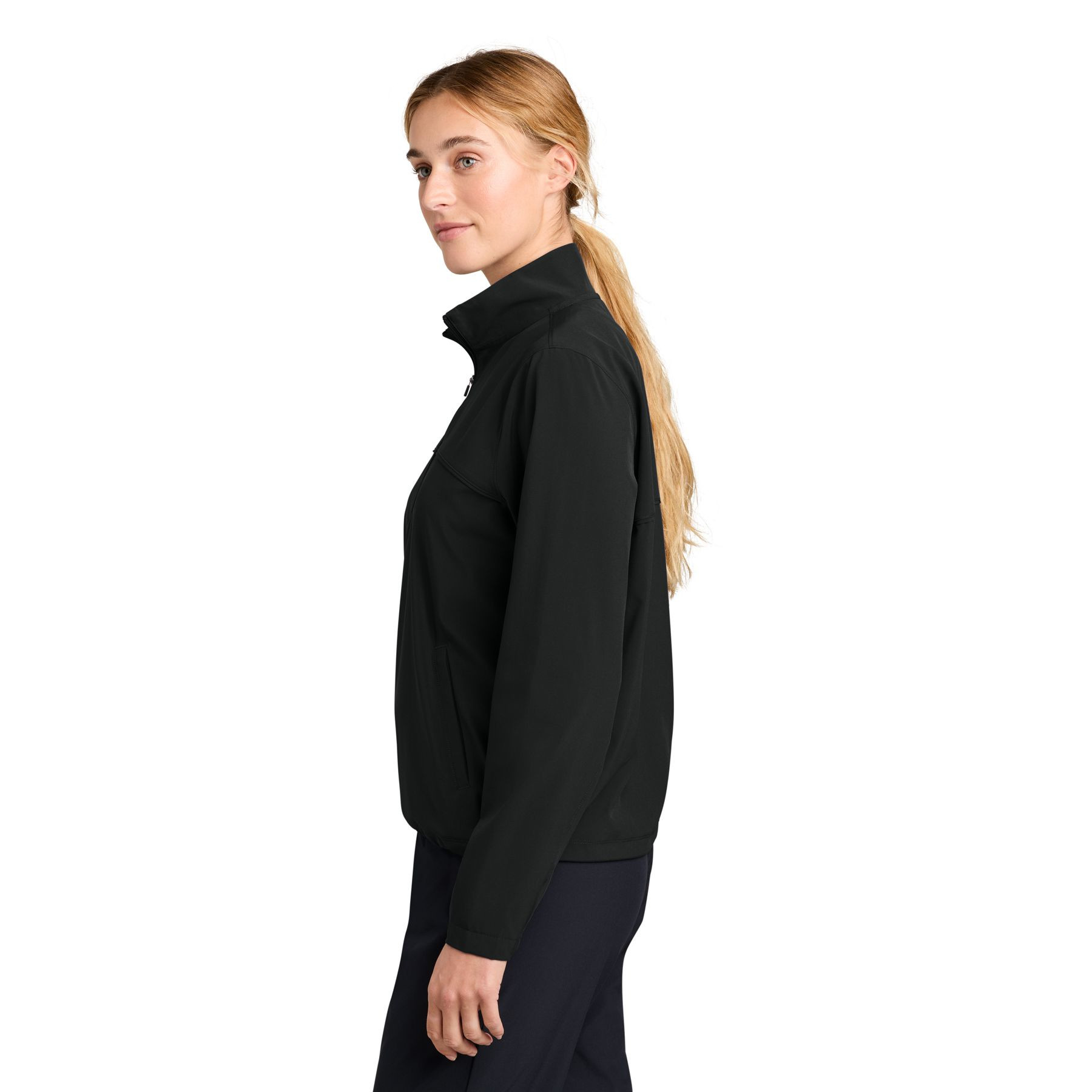 Black women's performance 1/2-zip pullover with a stand collar, curved yoke, front pockets, partial elastic cuffs, and stretch-woven fabric.