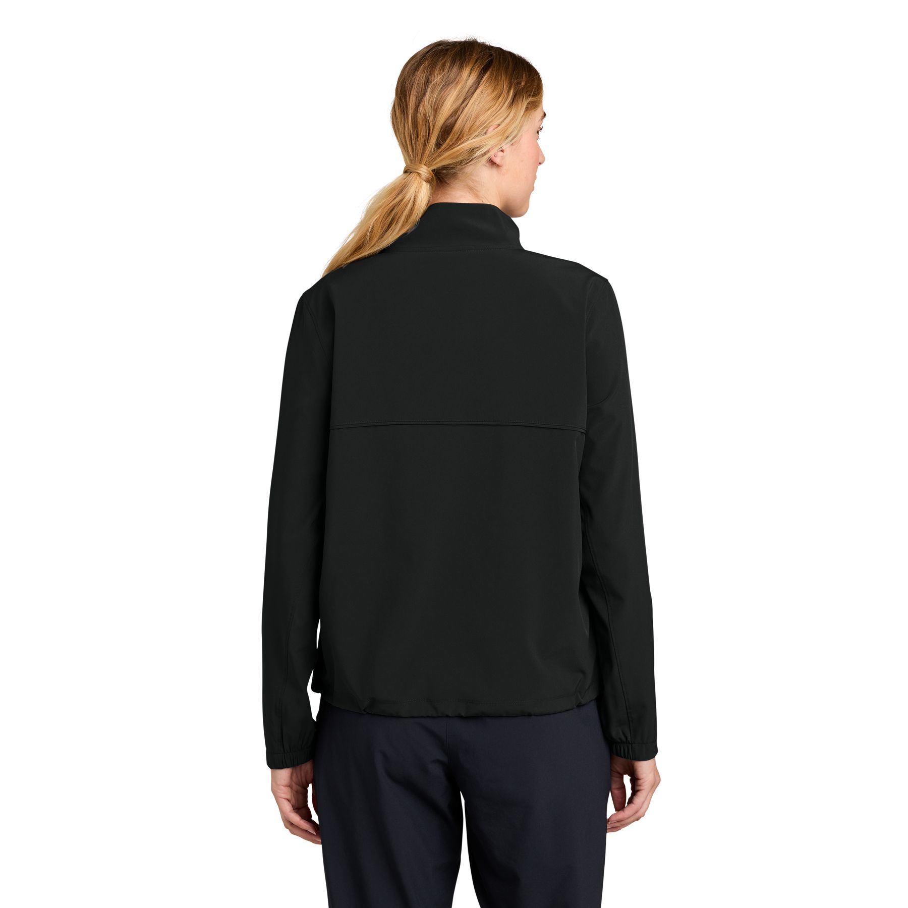 Black women's performance 1/2-zip pullover with a stand collar, curved yoke, front pockets, partial elastic cuffs, and stretch-woven fabric.