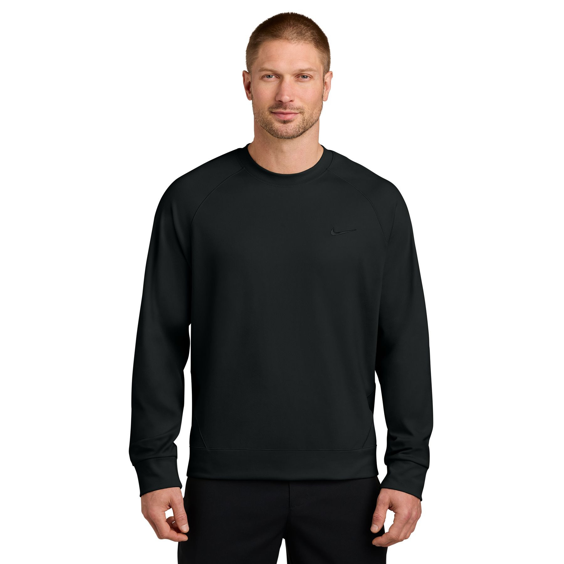 Black Nike Dri-FIT Primary Crew sweatshirt, featuring an elevated fleece blend with embroidered Swoosh logo, moisture-wicking fabric, and self-fabric cuffs and hem for comfortable everyday wear.