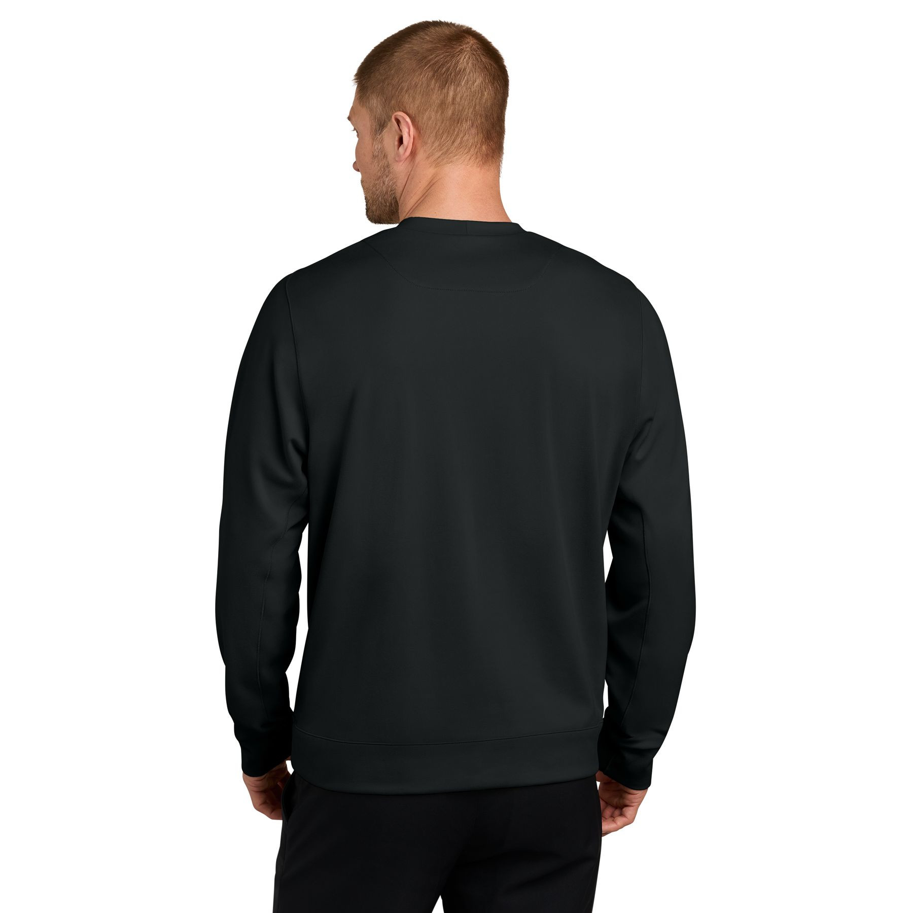 Black Nike Dri-FIT Primary Crew sweatshirt, featuring an elevated fleece blend with embroidered Swoosh logo, moisture-wicking fabric, and self-fabric cuffs and hem for comfortable everyday wear.
