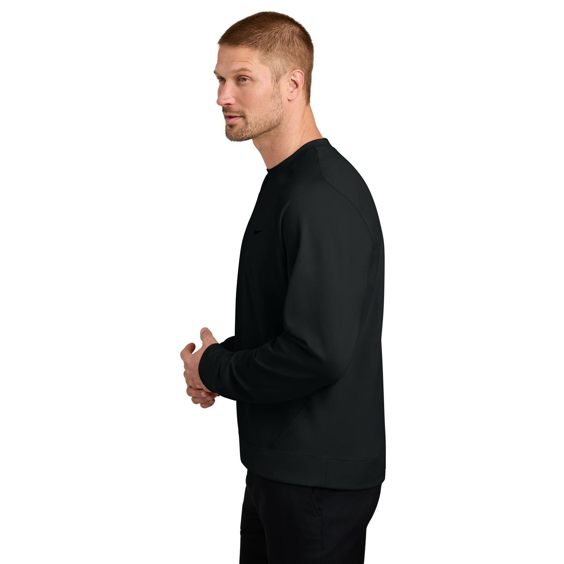Black Nike Dri-FIT Primary Crew sweatshirt, featuring an elevated fleece blend with embroidered Swoosh logo, moisture-wicking fabric, and self-fabric cuffs and hem for comfortable everyday wear.
