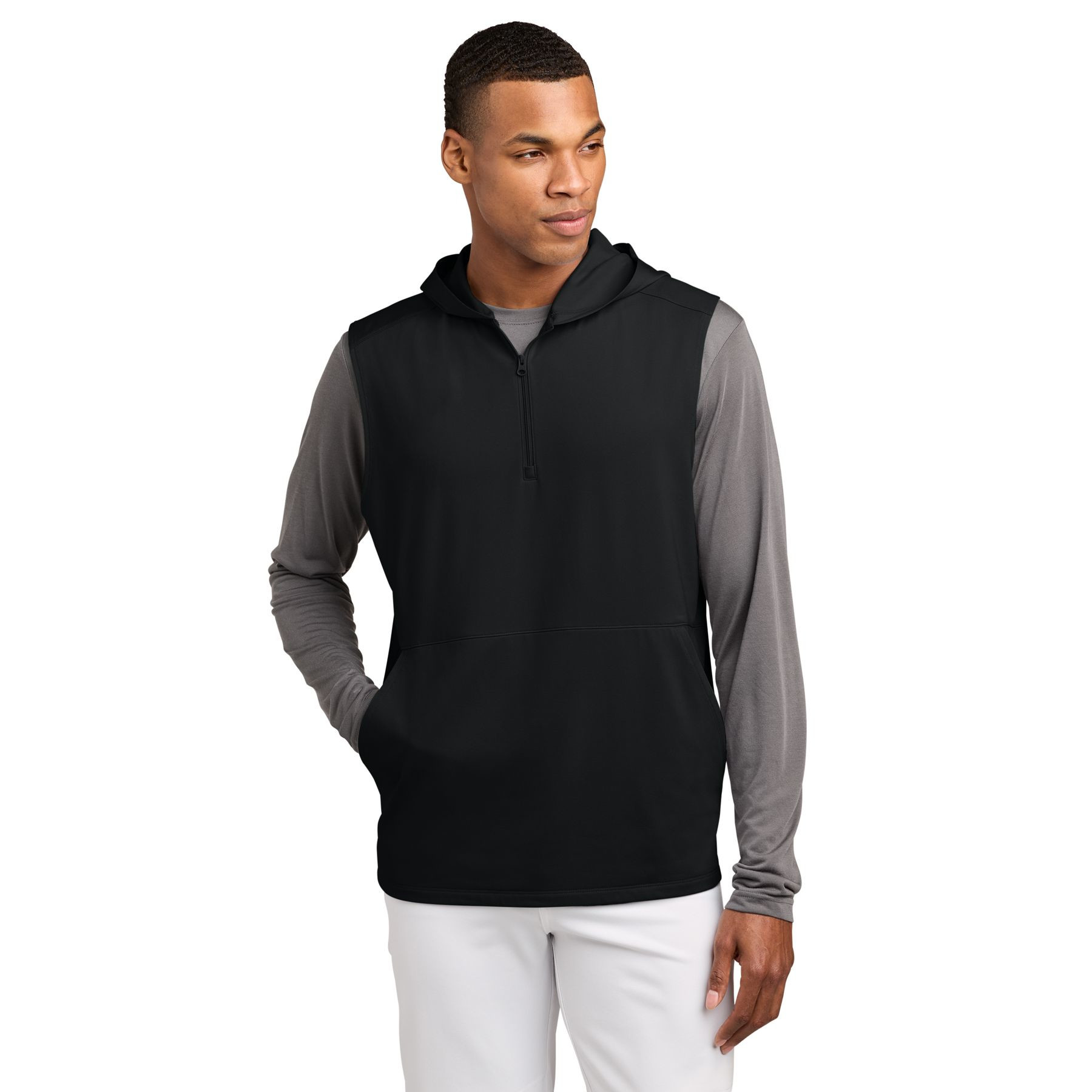 Black sleeveless performance hooded quarter-zip pullover with a three-piece hood, front pouch pocket, zipper garage, and moisture-wicking stretch fabric.
