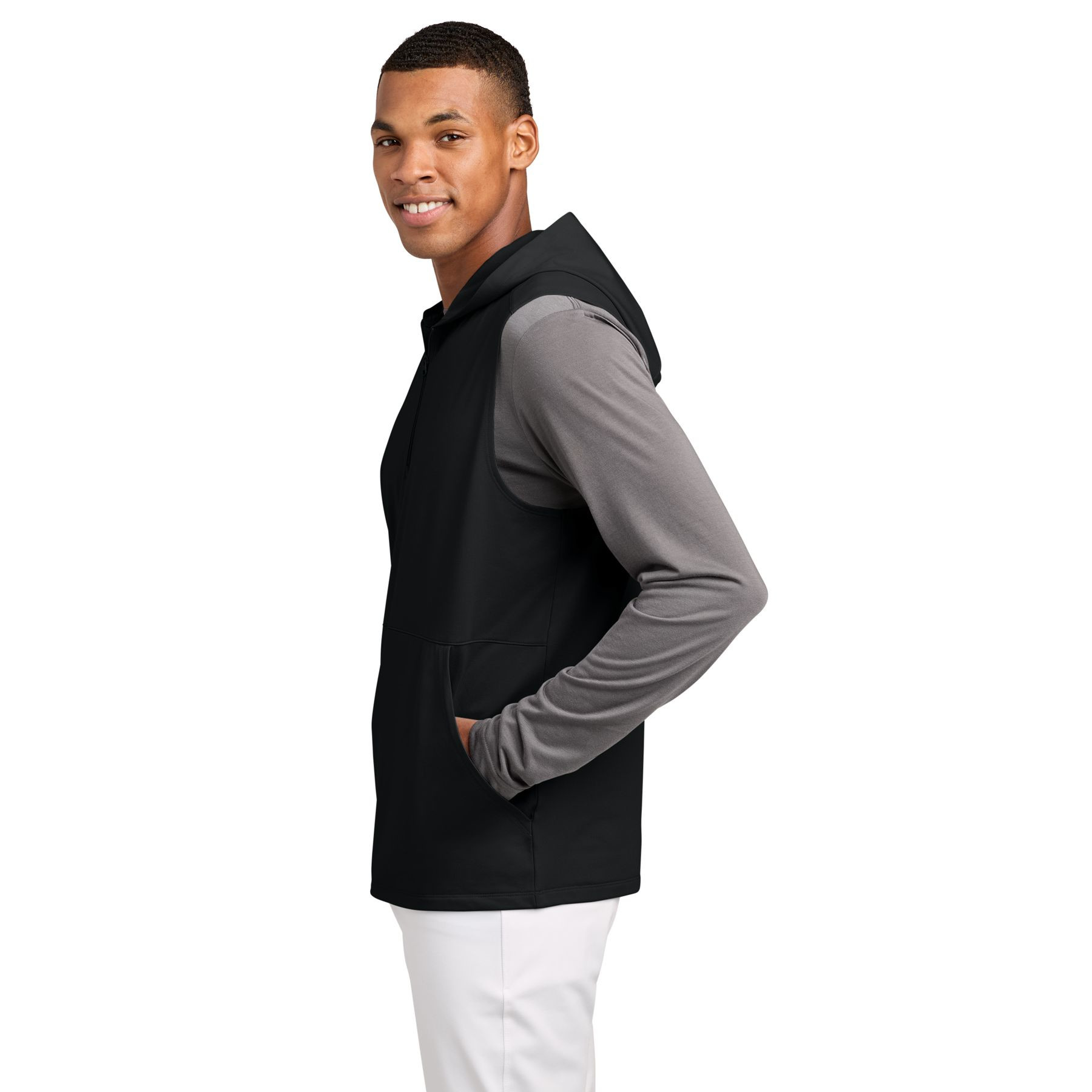 Black sleeveless performance hooded quarter-zip pullover with a three-piece hood, front pouch pocket, zipper garage, and moisture-wicking stretch fabric.
