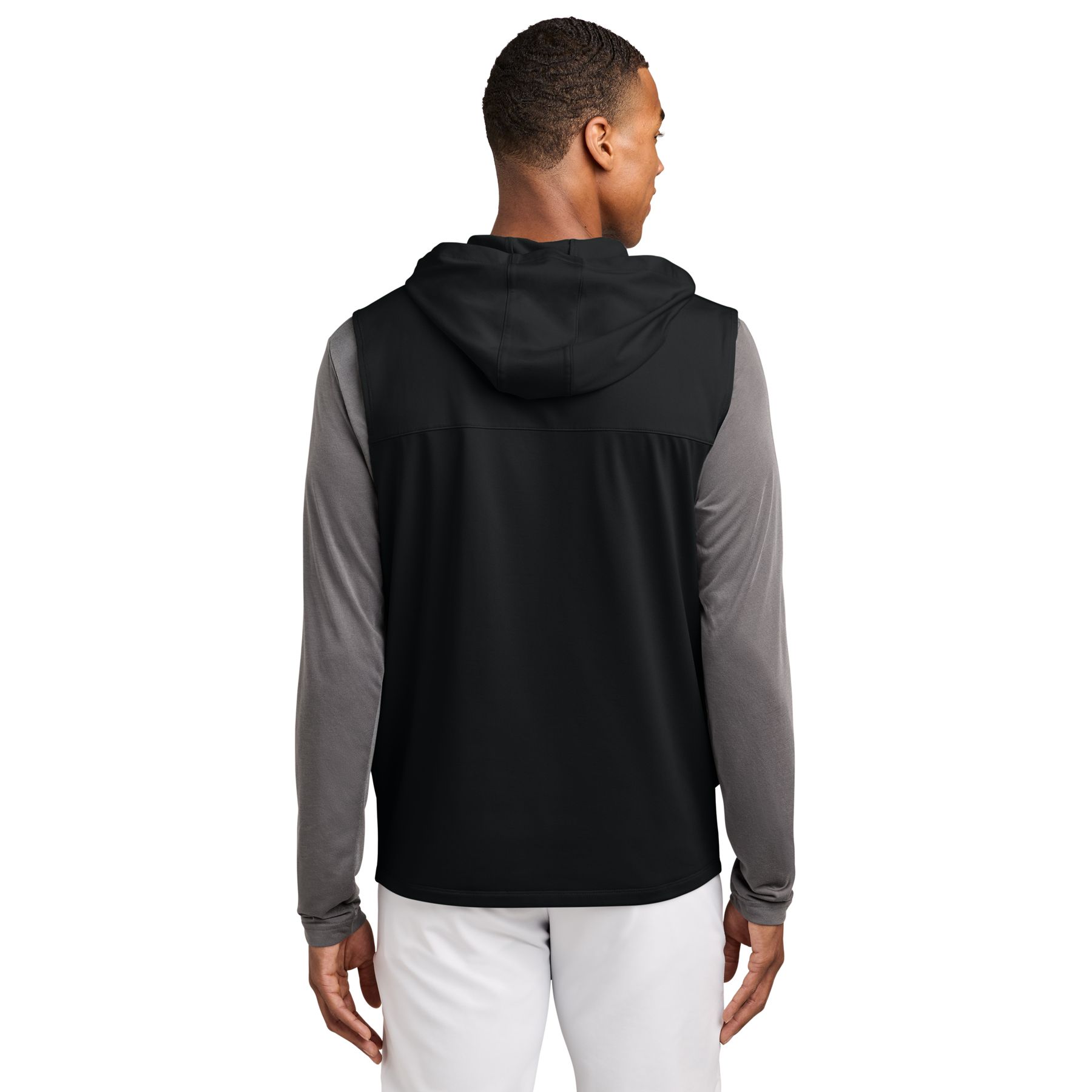 Black sleeveless performance hooded quarter-zip pullover with a three-piece hood, front pouch pocket, zipper garage, and moisture-wicking stretch fabric.