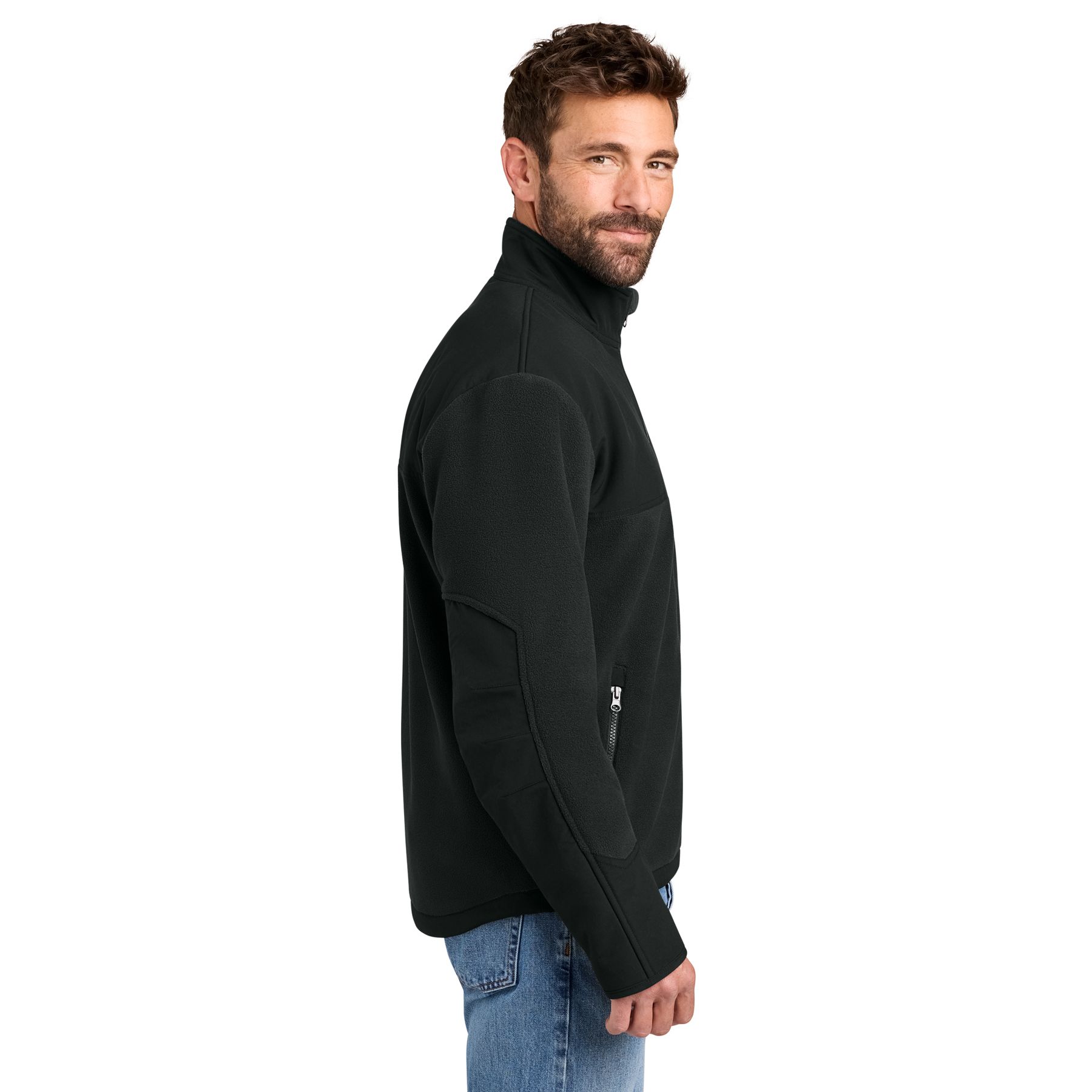Black brushed fleece jacket with reinforced woven shoulder and elbow overlays, full-length zipper, cadet collar, zippered hand pockets, and long sleeves.