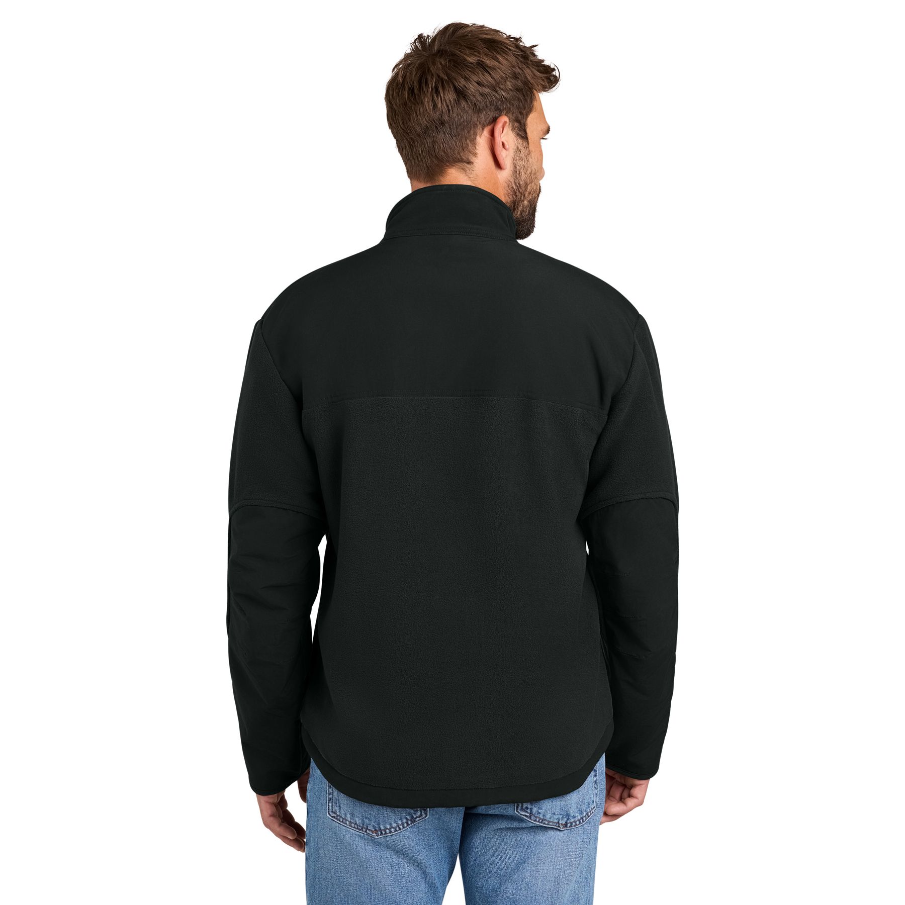 Black brushed fleece jacket with reinforced woven shoulder and elbow overlays, full-length zipper, cadet collar, zippered hand pockets, and long sleeves.